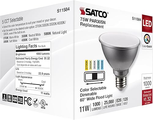 Miniatura 8 de Satco S11584 LED PAR30SN de 11 vatios base media acabado plateado CCT seleccionable 120 voltios ángulo de haz de 60 grados 11PAR30SNLED5CCTWFL120V