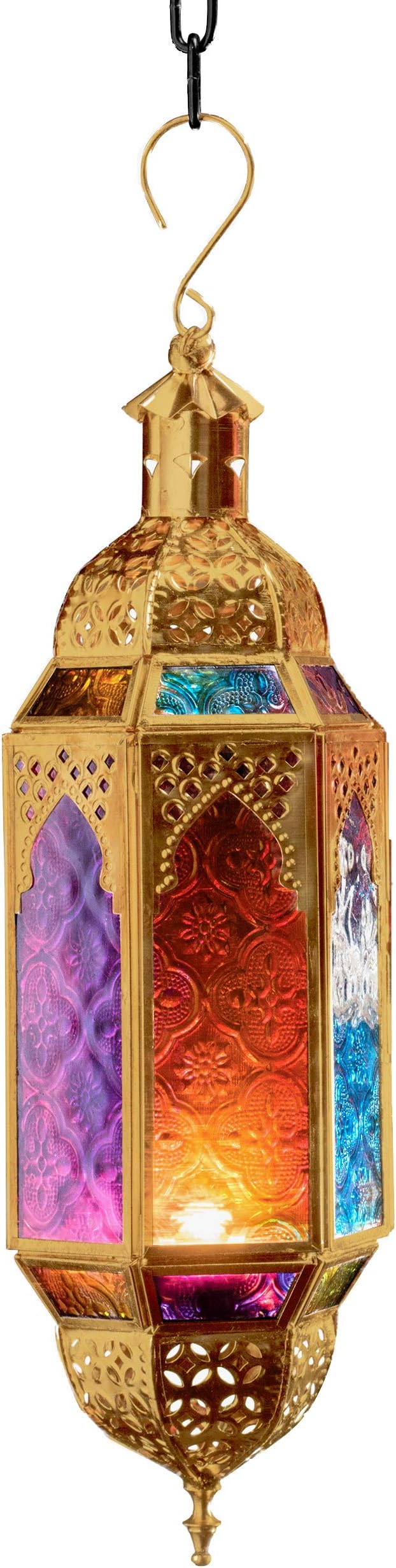 Purity Ornate Moroccan Style Hanging Lantern for Tealights - Multi Coloured Glass and Gold Coloured Metal (Medium 10 x 8.5 x 33.5cm)