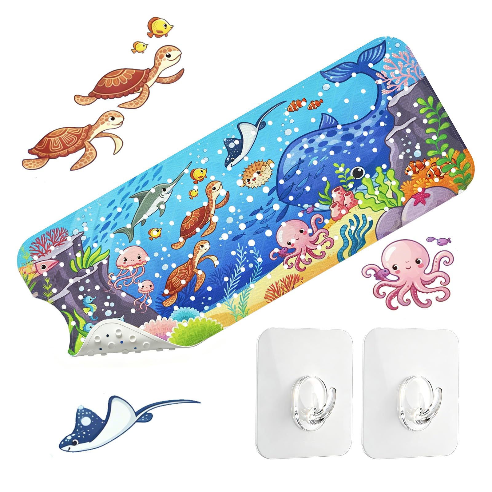 Tapis de Bain Antidérapant pour Enfants, 100x40 cm Tapis de Douche, avec 2 Crochets, sans BPA, Résistant aux Moisissures, Lavable en Machine, pour Baignoire & Douche, Bleu
