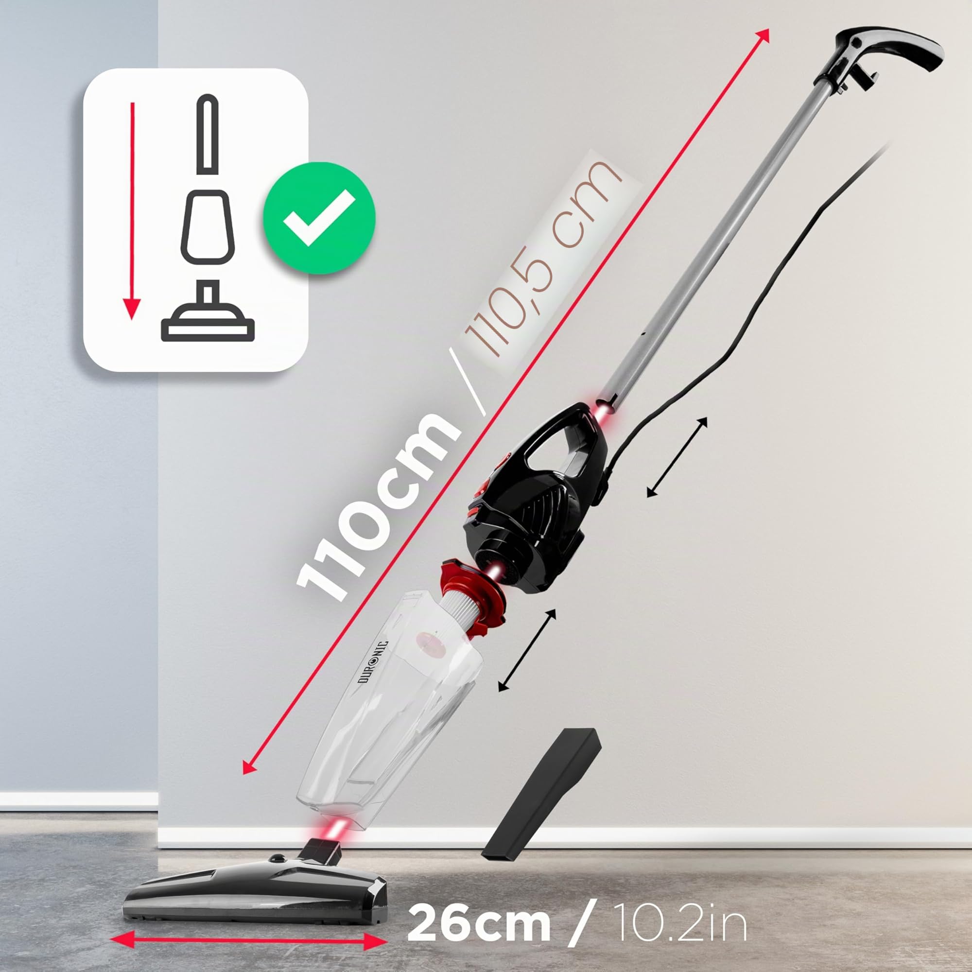 Duronic VC8 /BK- Aspirateur Balai et à Main sans Sac Classe A + tête suceuse/Flexible/Brosse - Se converti en Quelques Secondes !