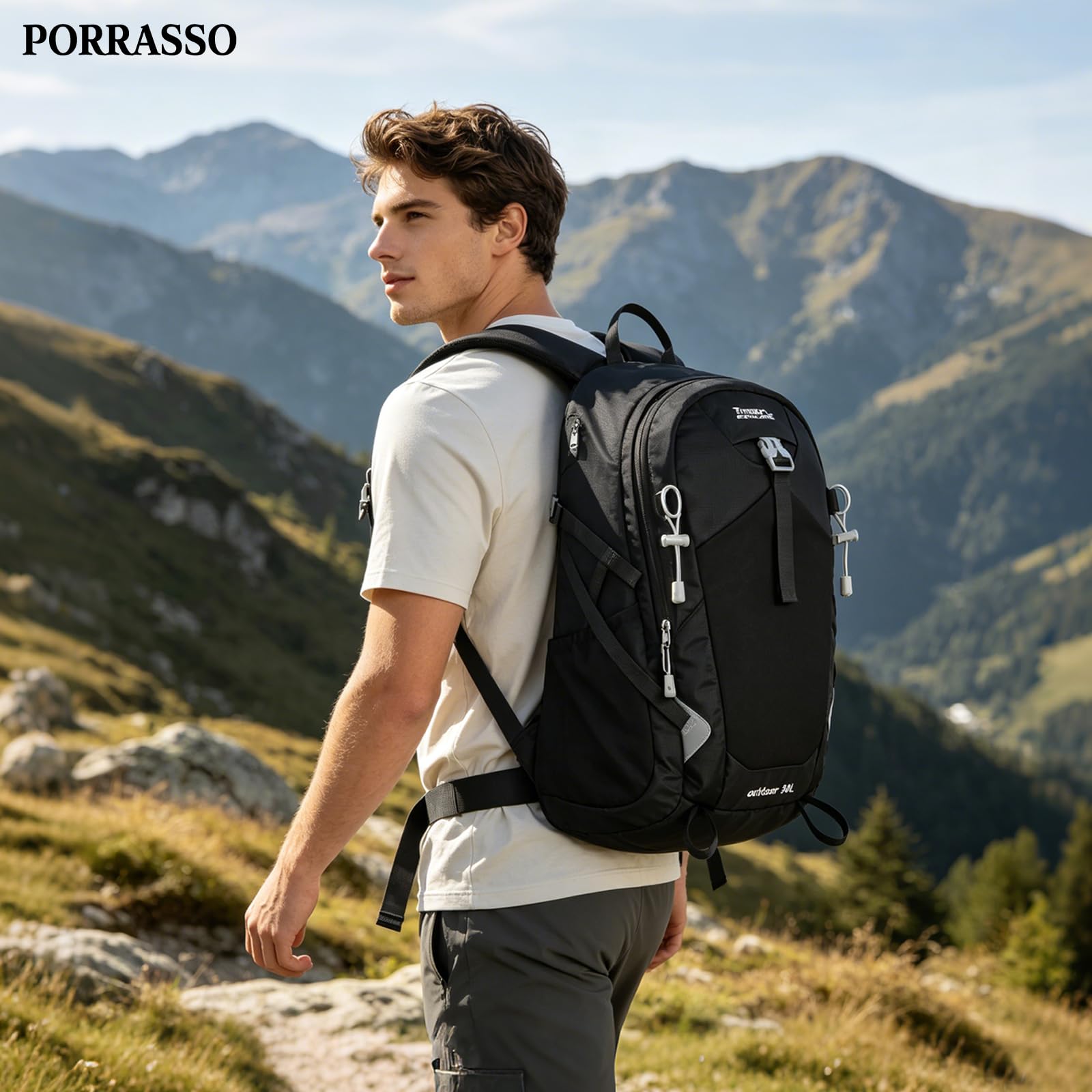 30L Zaino da Escursionismo Zaino Outdoor Impermeabile con Sistema Ergonomico di Sollievo Dalla Pressione Zaini Multitasca per Camping Viaggi Uso Quotidiano Nero