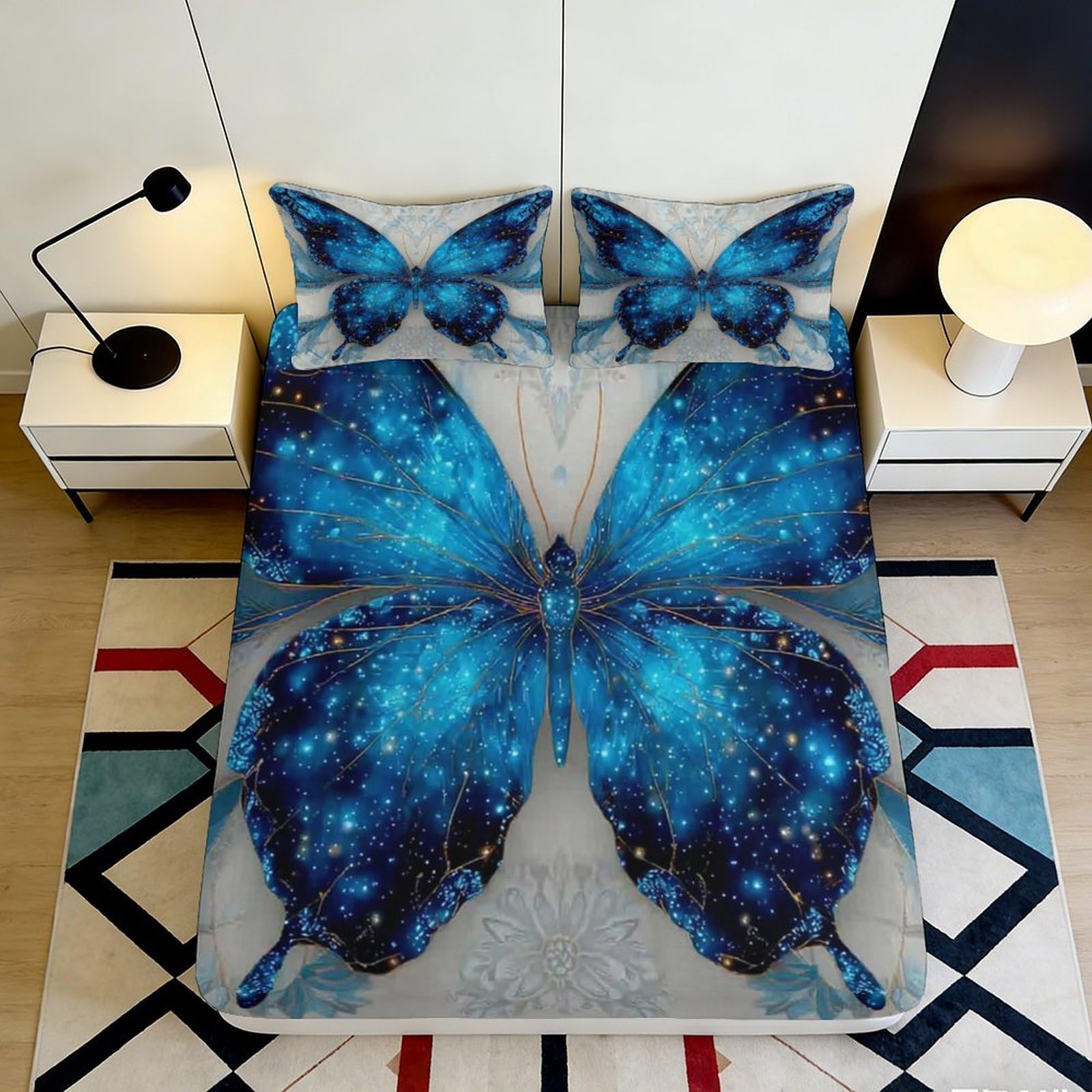 3D Printed Blue Butterfly Fitted Sheet Microfiber Soft Breathable Starry Sky Mattress Cover for Bedroom Dorm Dormitory Guest Room Protection Decor 200x200x25cm