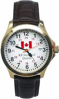Railroad Approved (RR Standard) Railroad Wrist Watch Gold Case, 24 Hour Dial Face, Date Display with Canadian Flag