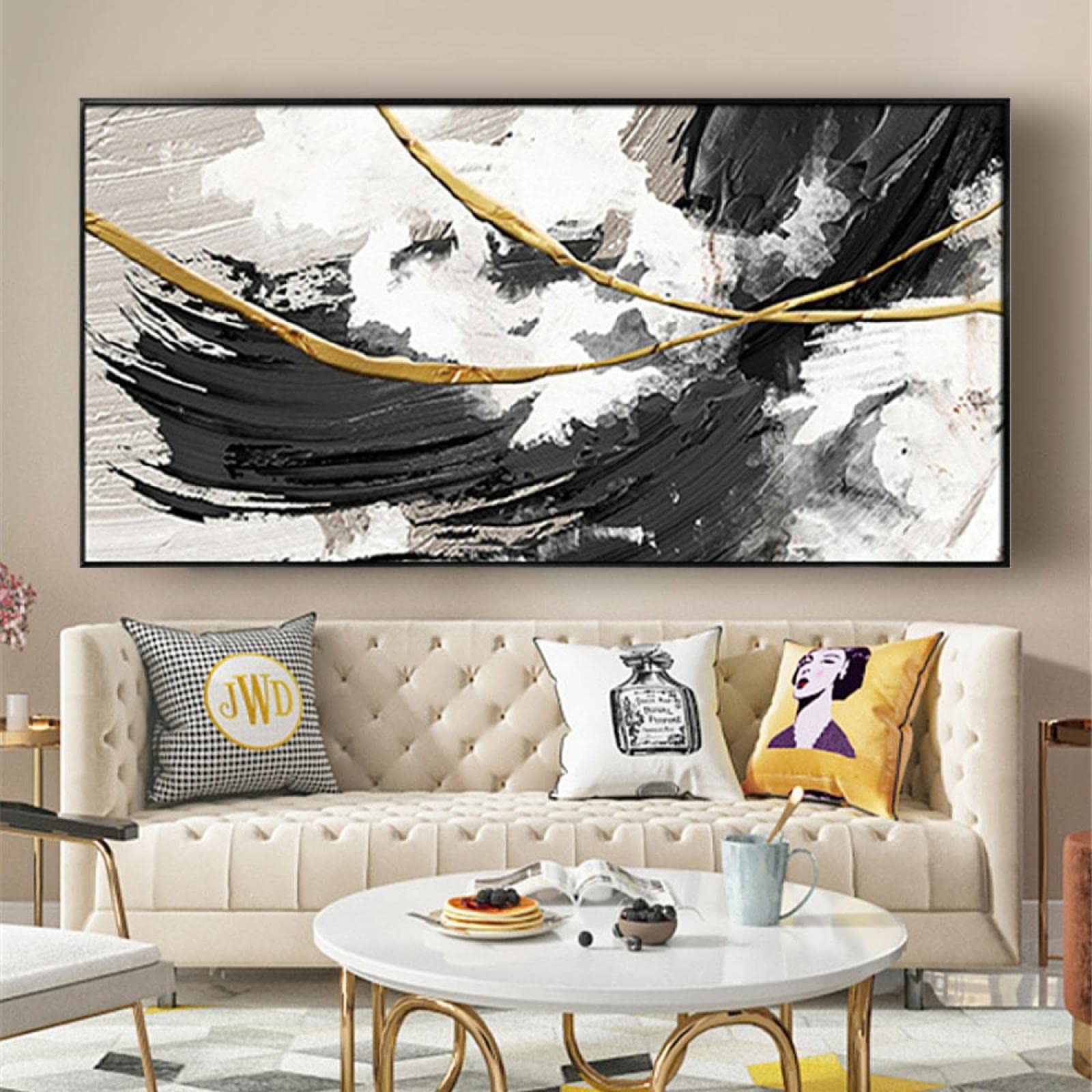 Oil Painting Print On Canvas Artwork Abstract Gold Line and Black Texture Large Wall Art Picture for Dining Room Decor 80x160cm(31x63in) Frameless