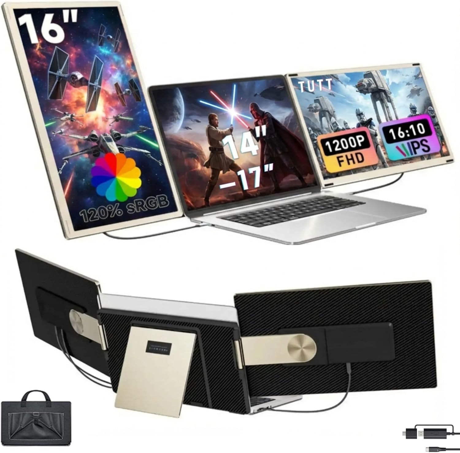 TUTT 16” FHD Portable Monitor 16:10 Aspect Ratio | Triple Laptop Screen Extender | USB-C/HDMI 7 Viewing Modes | All Devices Compatible with Converter Cable (H5 Included) S7 Pro