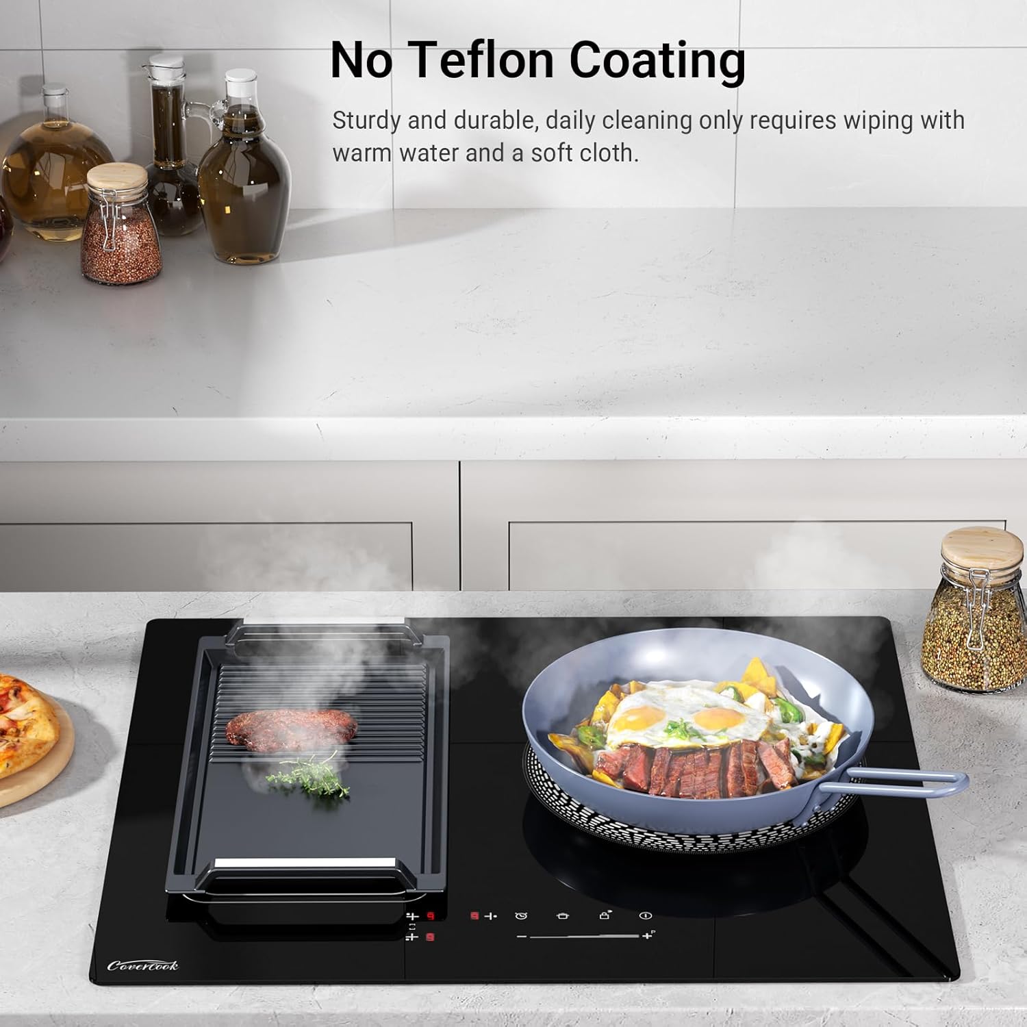 COVERCOOK Griddle Pan, Cast Iron Grill Hot Plate, Rectangular Grill, 2 handles with Flat and Ridged Surface for Induction Electric Cooktop，16.7 x 9.1inch