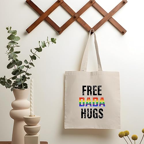 Miniatura 2 de LGBT Lesbian Gay Pride Rainbow Gift for Free Dada Hugs Supporters Natural White Multicolor Canvas Tote Bag