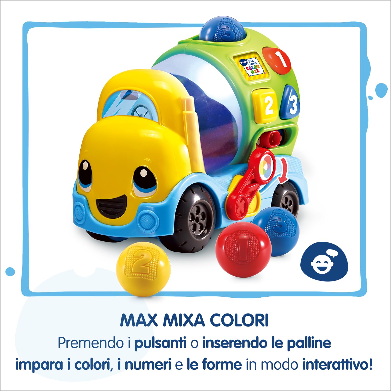 VTech Max Mixa Colori, Camioncino Parlante con 5 Melodie, Riconosce e Mixa Colori, 3 Modalità di Gioco, Volume Regolabile, Spegnimento Automatico, Lingua Italiana, Batterie Incluse, 12-36 Mesi