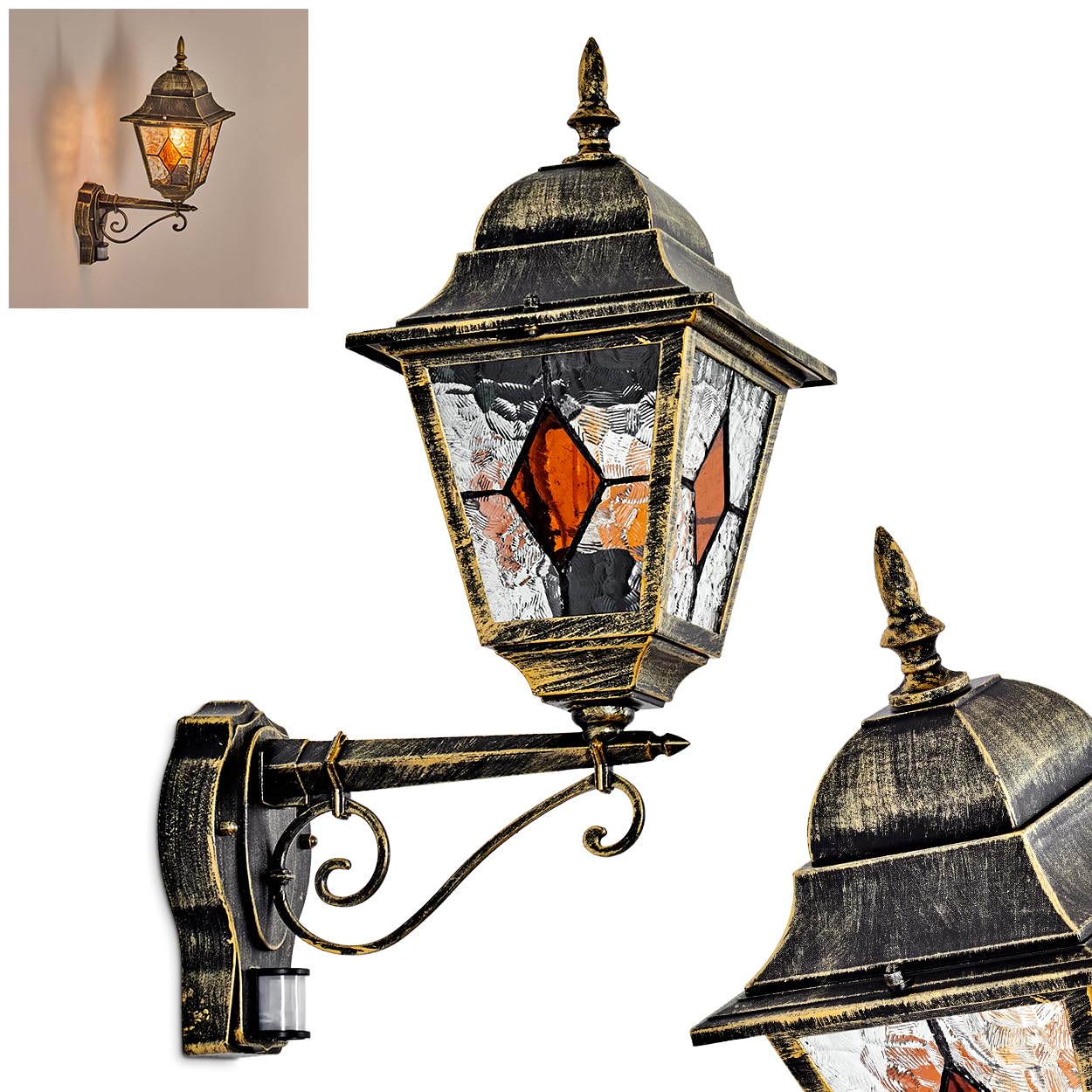 HOFSTEIN Außenwandleuchte Chatelain, Außenwandlampe m. Bewegungsmelder aus Metall/Glas in Gold/Schwarz/Klar/Bernstein, Wandleuchte außen aufwärts, Vintage/Antik/Landhaus für Garten, Haustür, E27, IP44