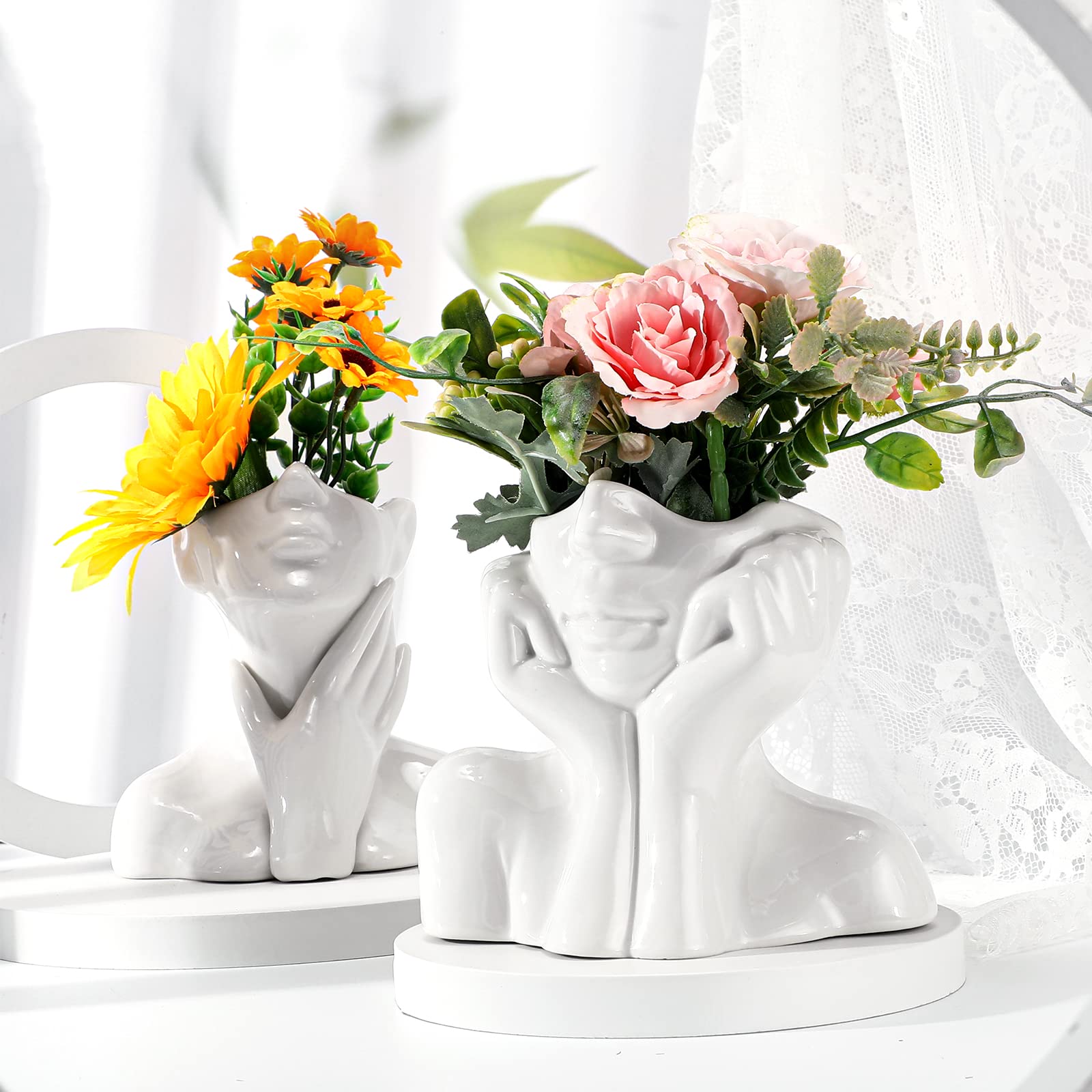 Jarrón de cerámica para la cara, 3 piezas, forma femenina, florero moderno para decoración con cabeza, medio busto, centro de mesa para estante de mesa, hogar, dormitorio, oficina (S, blanco) 4
