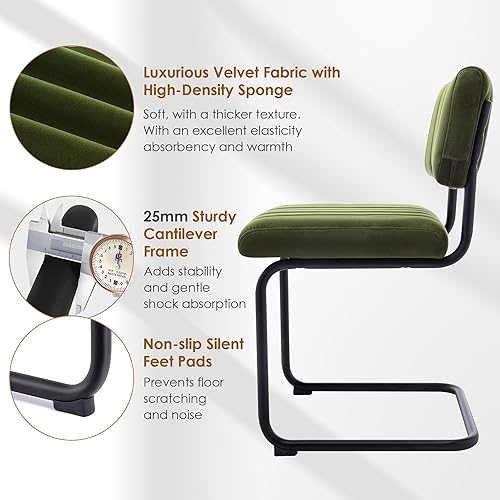 Miniatura 3 de ONEVOG Juego de 2 sillas de comedor modernas de mediados de siglo, sillas de cocina de terciopelo verde con respaldo copetudo, asiento ancho