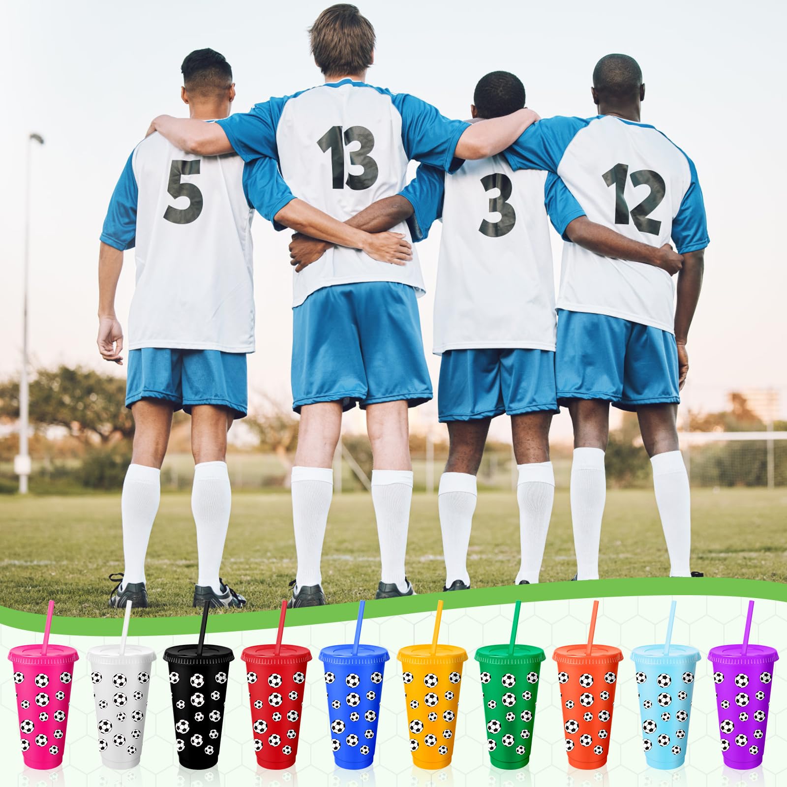 MSYU 20 vasos de plástico de fútbol con tapa y pajita, taza de regalo de Navidad, taza de 710 ml, vasos de plástico reutilizables para amantes del fútbol, hombres y mujeres, suministros de regalo de