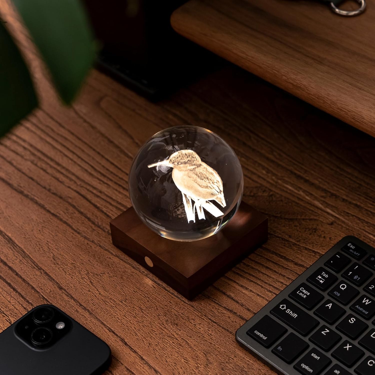 Gingko Walnut Wood LAMP - Amber Crystal Design, Kingfisher