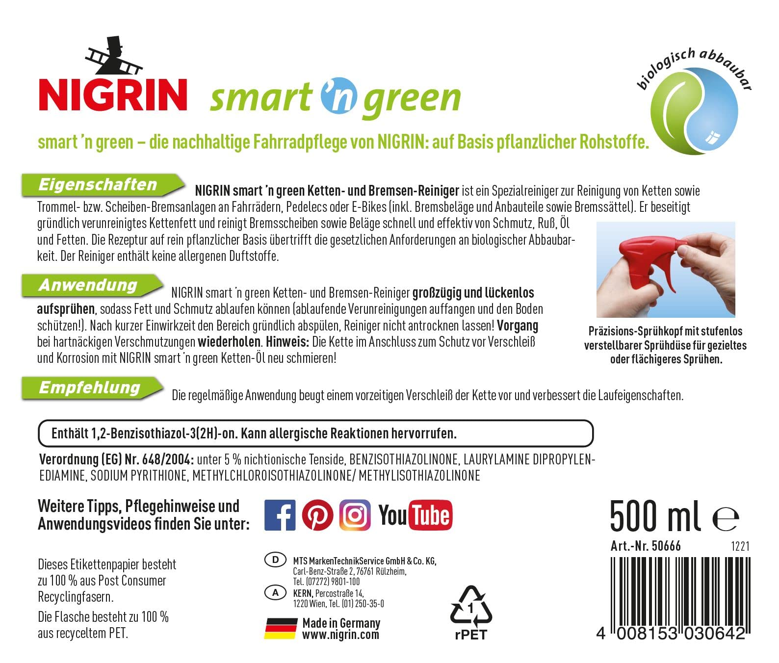 NIGRIN smart n green środek czyszczący do łańcuchów i hamulców, czyści czysto i skutecznie układ napędowy, 500 ml