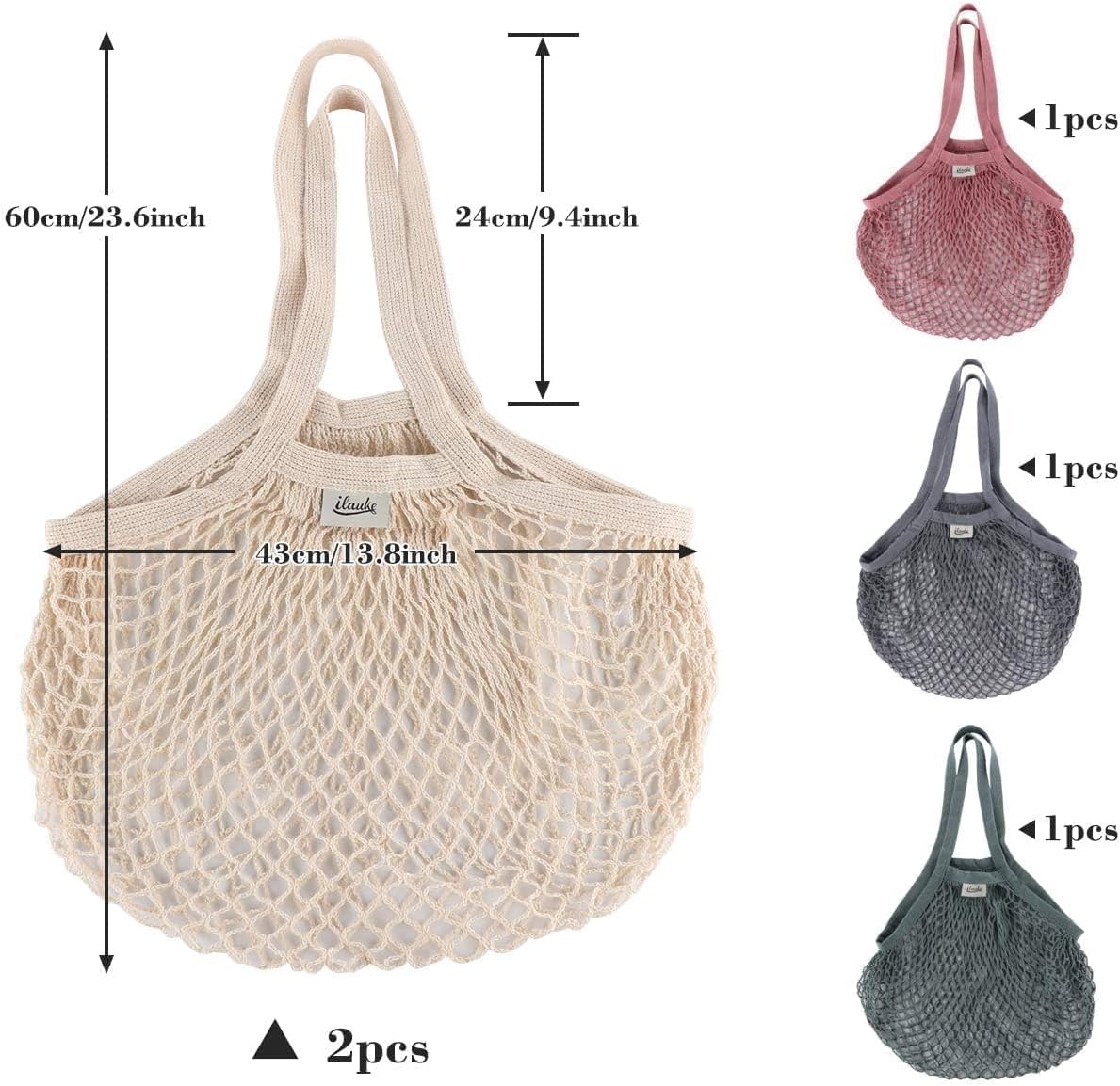 Lemonfilter 5 Pack Cotton Mesh Grocery Bags with Long Handle (4 Color)