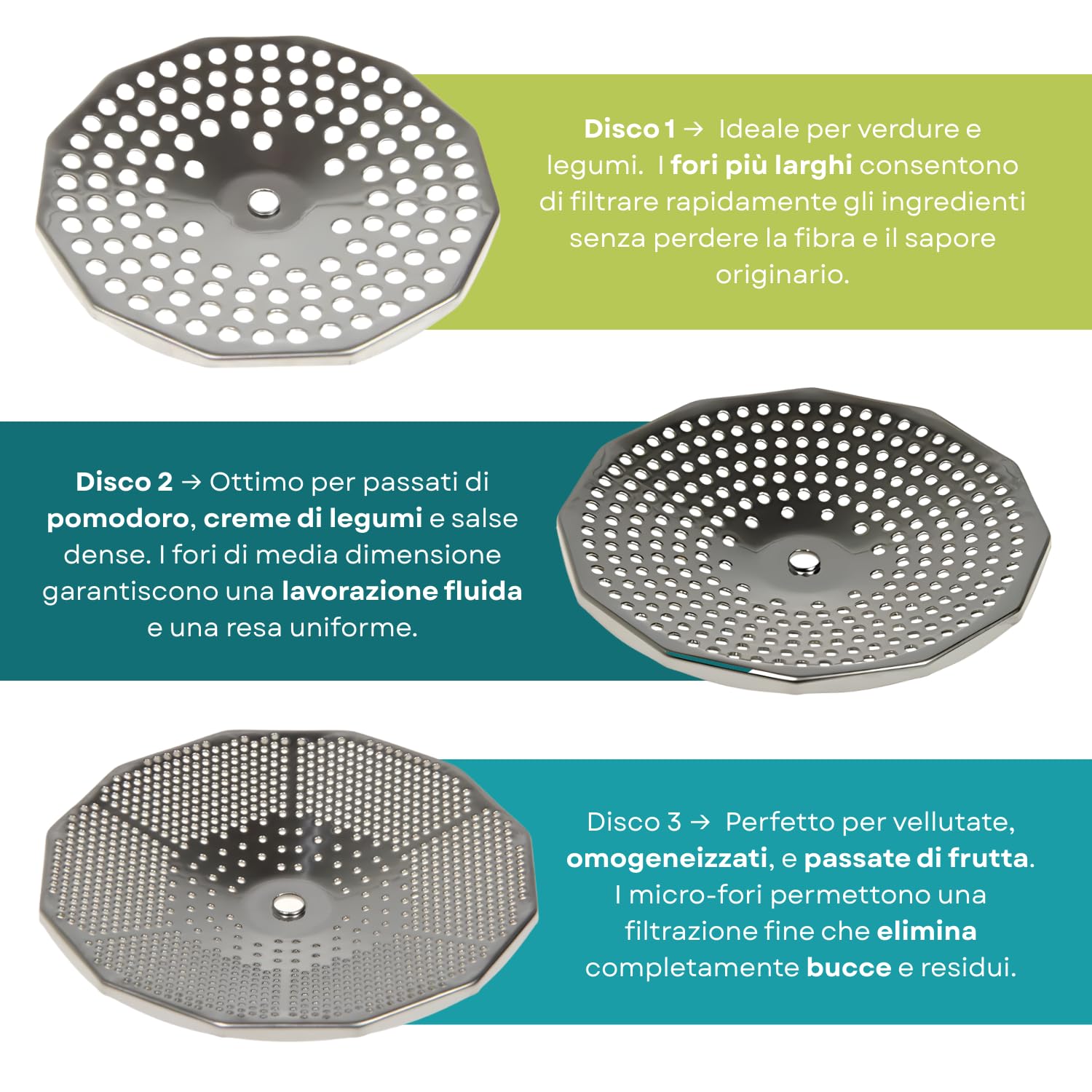 Virsus Passatutto in acciaio inox 18/10, DIAMETRO 24cm, 3 Dischi in dotazione, passaverdure manuale antiruggine per schiacciare patate, verdure, legumi, zuppe, salse, pomodori, Made in Italy