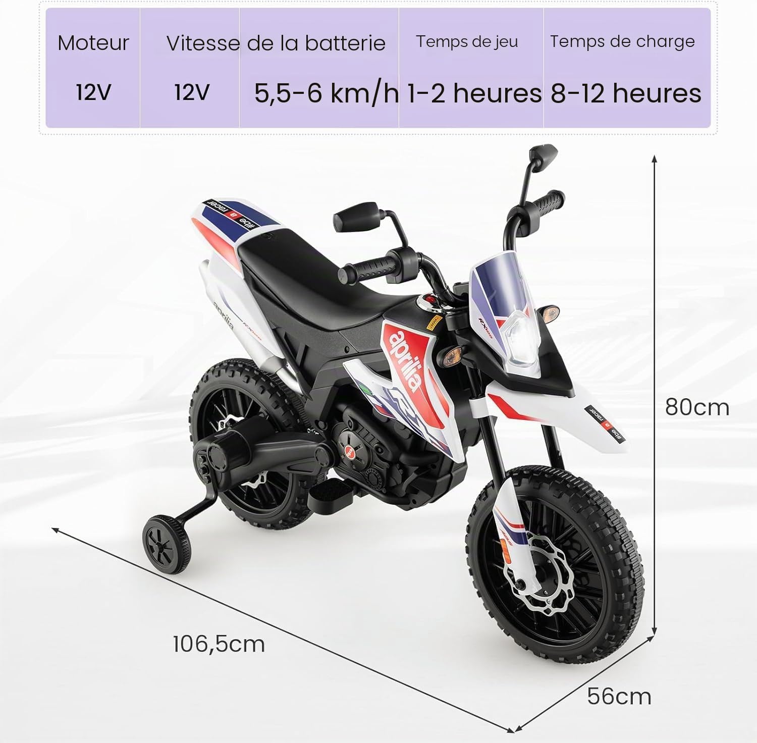 FANTASK Moto électrique pour Enfant de 3 à 8 Ans - 12 V - 5,5 à 6 km/h - avec Roues stabilisatrices, Musique et phares - Noir et Blanc