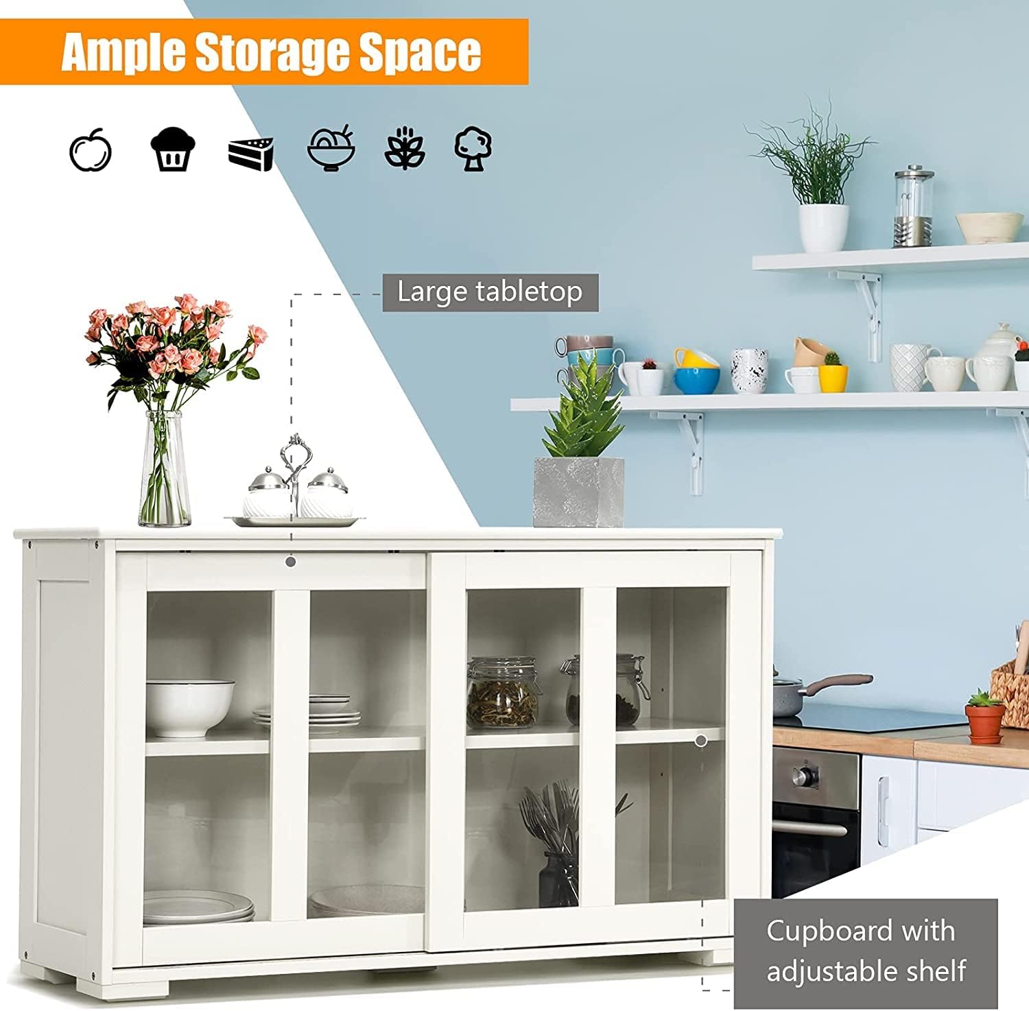 Stackable Kitchen Sideboard, Comes with Flexibly Sliding Glass Doors, Adjustable Shelf, Modern Storage Cabinet for Home Kitchen Living Room Dining Room Display Decoration (Antique White)