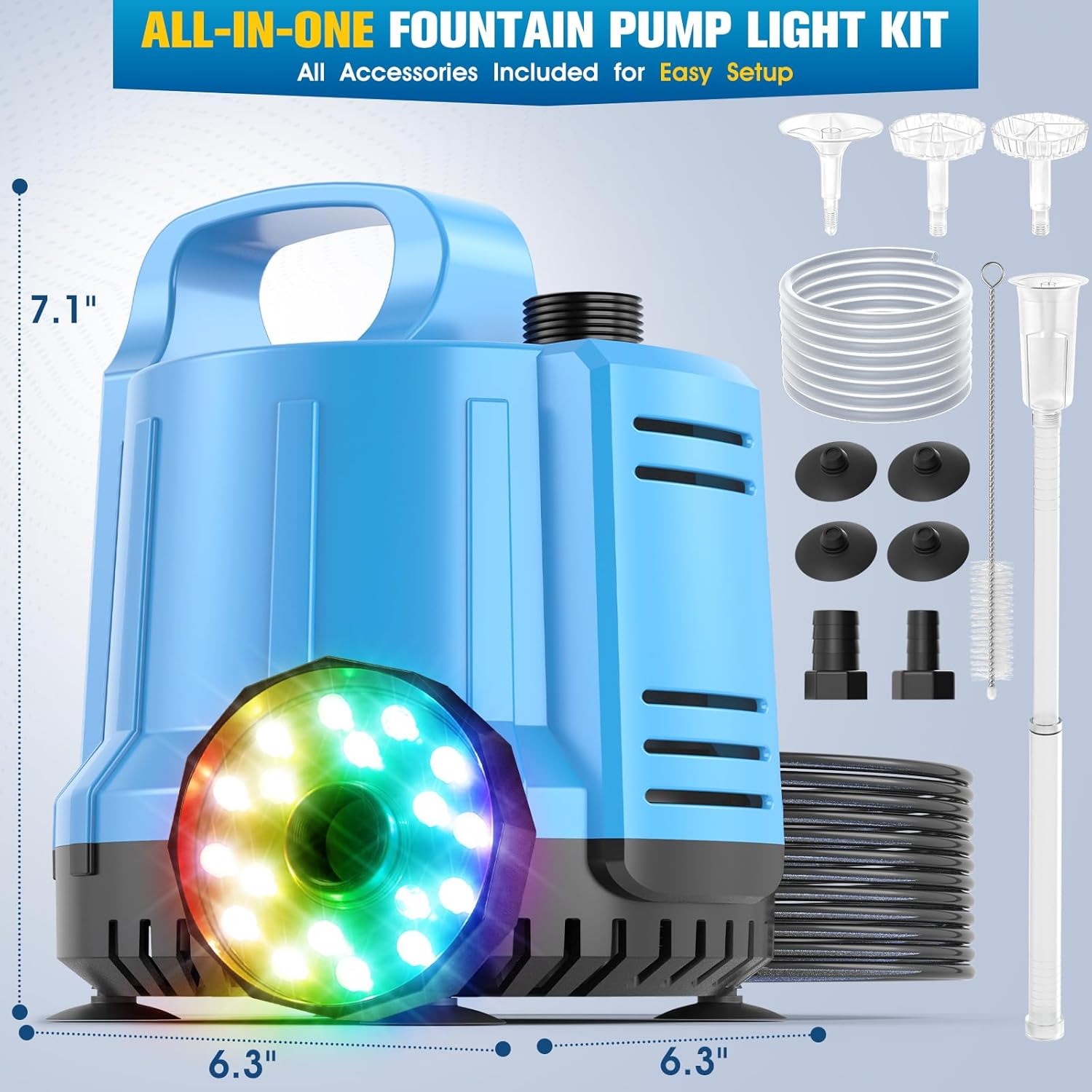Submersible Pond Fountain Pump, 2026 Patented Floating Pond Fountain with RGB LED Light,Pond Filter Fountain 3 Spray Modes,2-in-1 Submersible Water Sump Pump for Water Draining,Garden Waterfall-Blue
