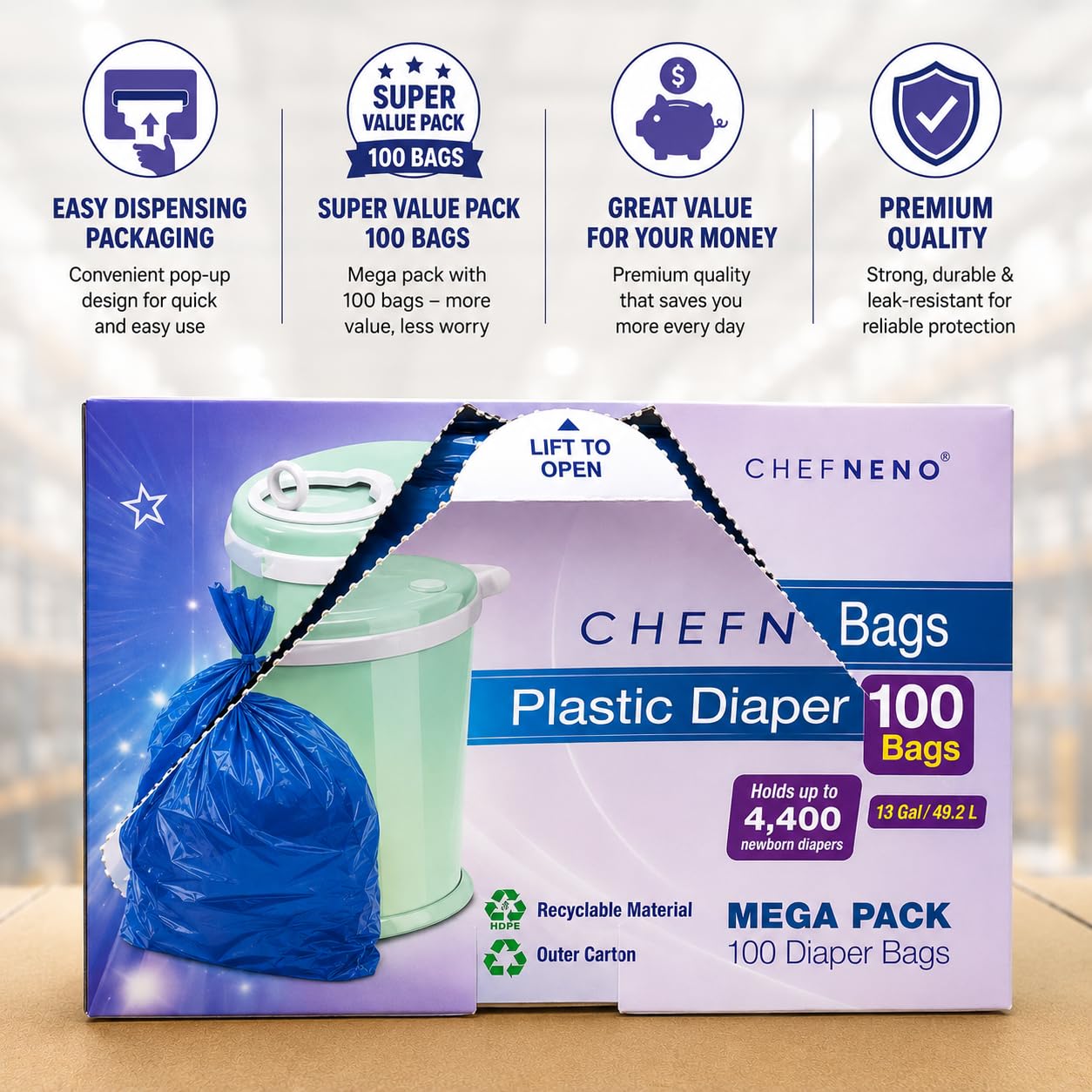 Bolsas de plástico desechables compatibles con cubos Ubbi de 13 galones de capacidad, bolsas de basura grandes y resistentes, 100 unidades (azul - grande)