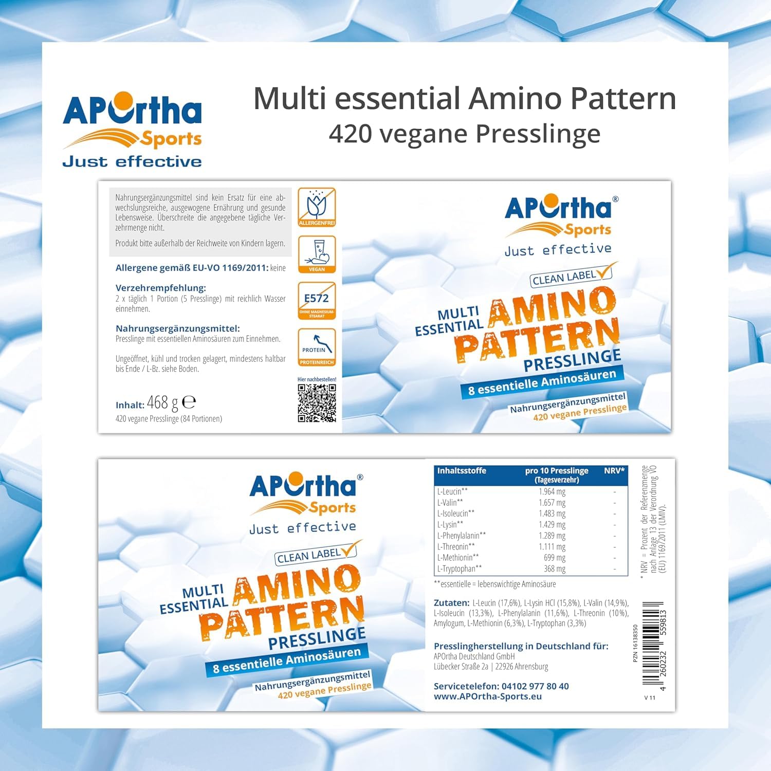 APOrtha® Sports Multi Essential Amino Pattern – 420 Presslinge mit 8 essentiellen Aminosäuren nach Prof. Dr. Lucà-Moretti, ausgewogenes Aminosäuren-Profil, EAA Tabletten