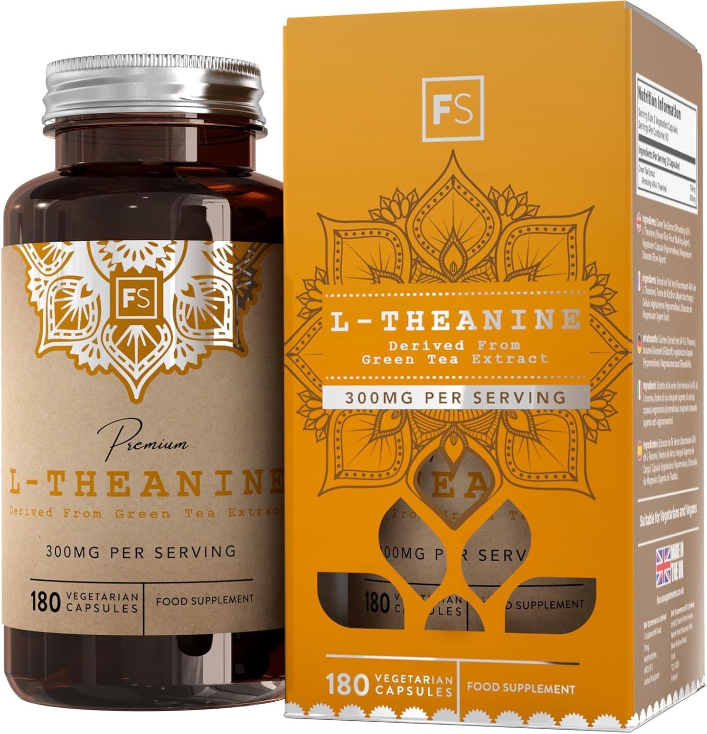 FS L Theanine | 180 L-Theanine Capsules from Green Tea – High Strength 750mg Green Tea Extract Providing 300mg L’theanine per Serving | L Theanine Supplement | Non-GMO Gluten Free | Made in UK