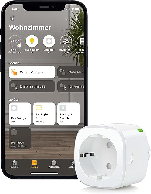 Eve Energy - Smart plug, consumption meter, switch on and off a connected lamp/device, no gateway needed, HomeKit, Bluetooth/Thread, Only compatible with Apple products