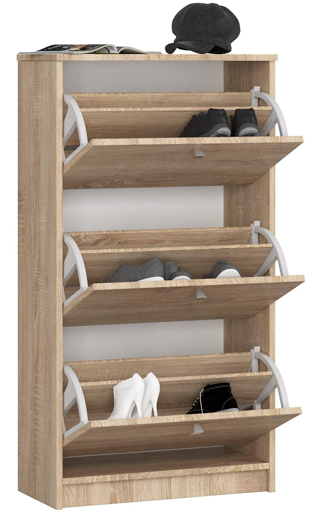 Zapatero con 3 compartimentos AKORD Roble Sonoma 60 cm 3 puertas basculantes frente en color Roble Sonoma 60x28,5x113 cm