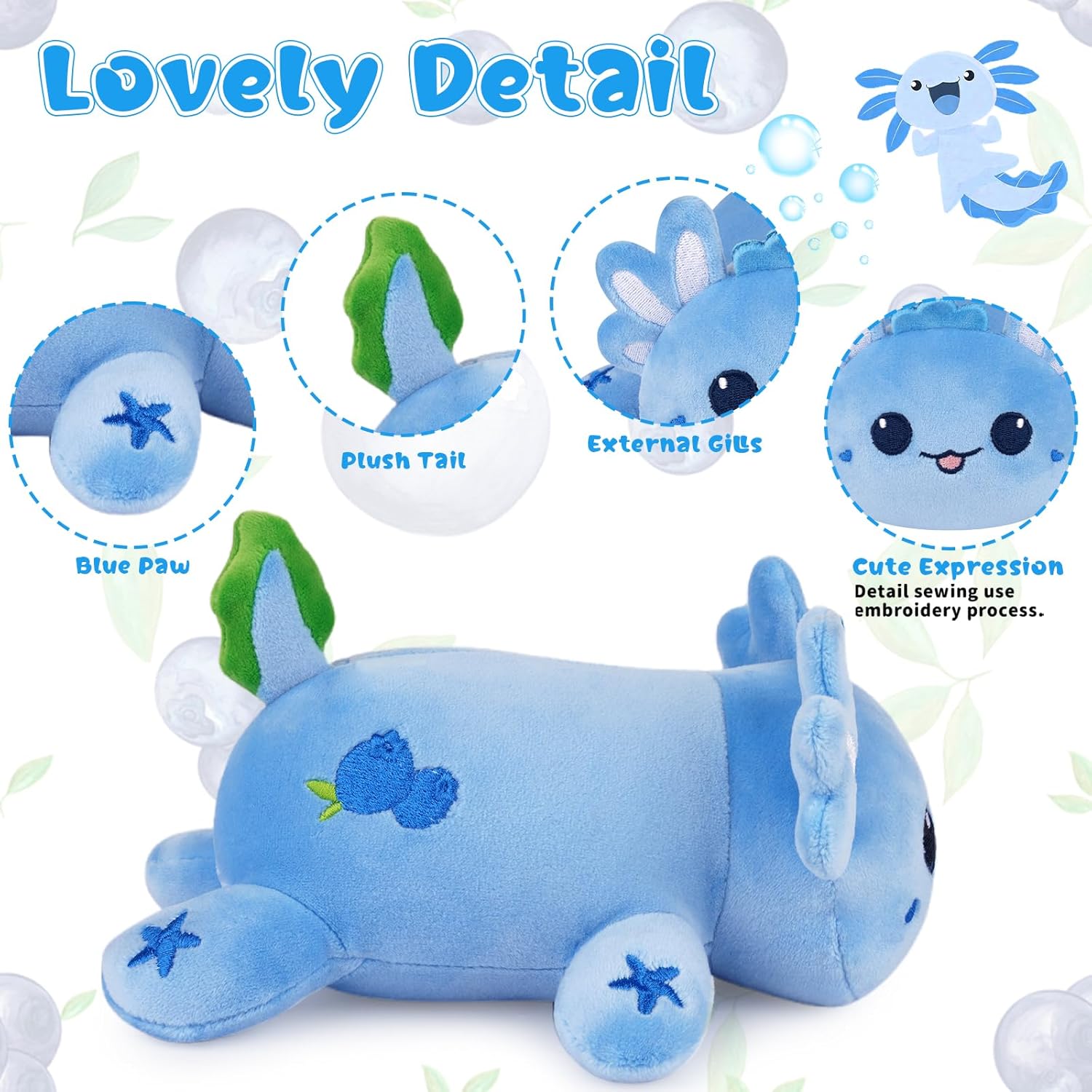 Axolotl Plush Toy, 8inch Kawaii Cute Blueberry Axolotl Stuffed Animal, Soft Blueberry Soft Plushie Doll, Kawaii Toys Great Birthday Gift for Kids Girls Boys