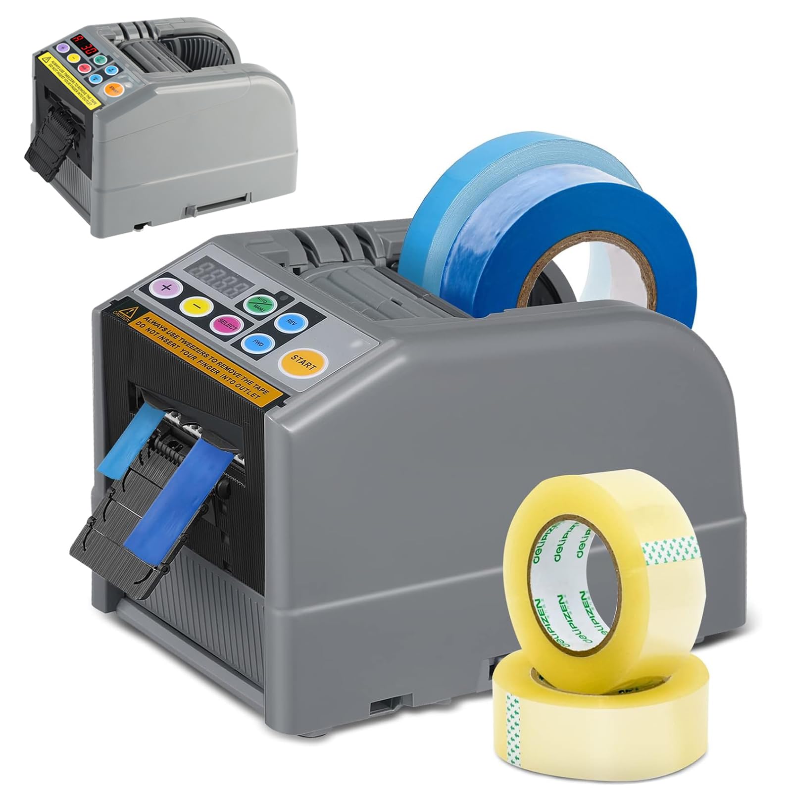 Home Kitchen Automatic Tape Dispenser Ribbon Cutting Machine with Manual&Auto Electric Tape Cutting Machine 6-60mm Width 999mm Max Length for Shipping Schools Restaurants Businesses & Home Use