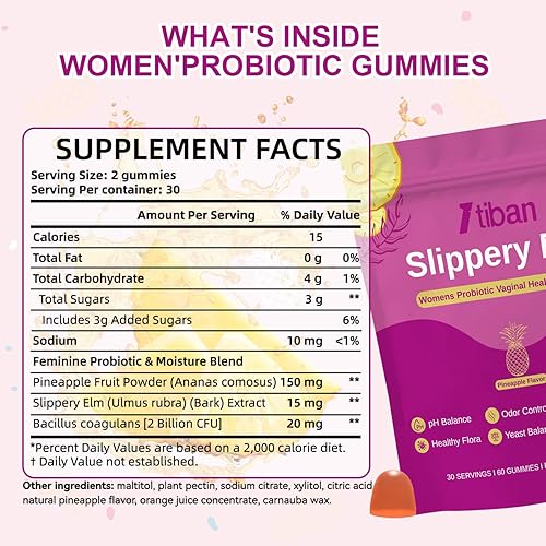 Miniatura 3 de Slippery Elm - Gomitas de humedad probióticas femeninas, equilibrio de pH, flora vaginal, salud del olor con Bacillus coagulans, delicioso sabor a