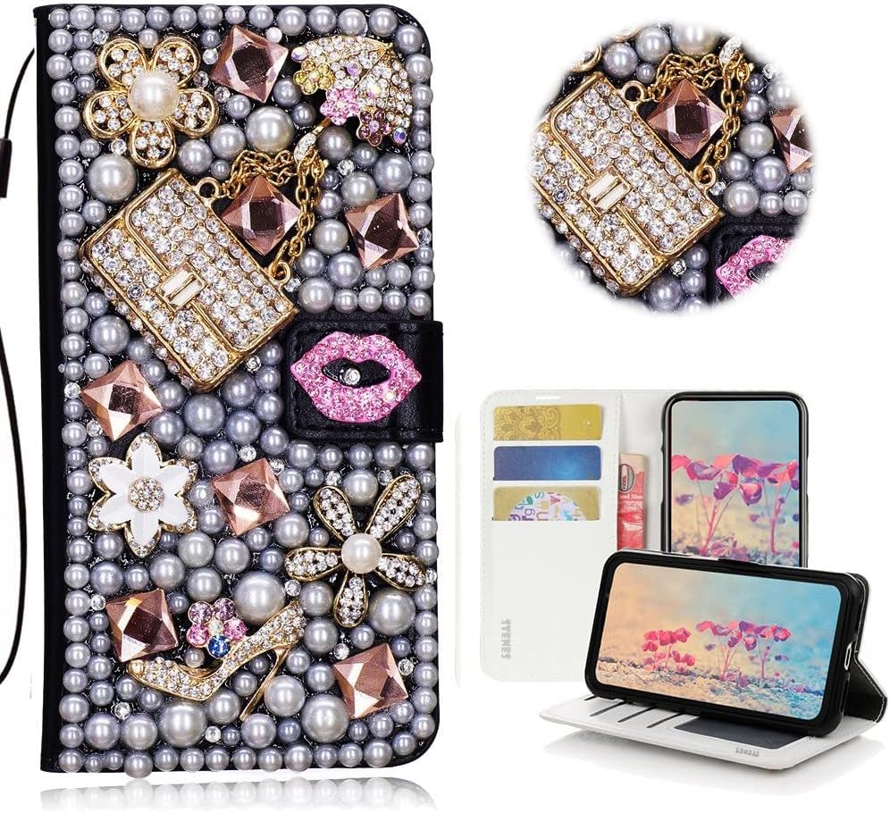 STENES Bling Wallet Phone Case Compatible with Samsung Galaxy S25 Edge 5G - Stylish - 3D Handmade Sexy Girls Bag High Heel Lips Magnetic Wallet Stand Girls Women Leather Cover - Pink