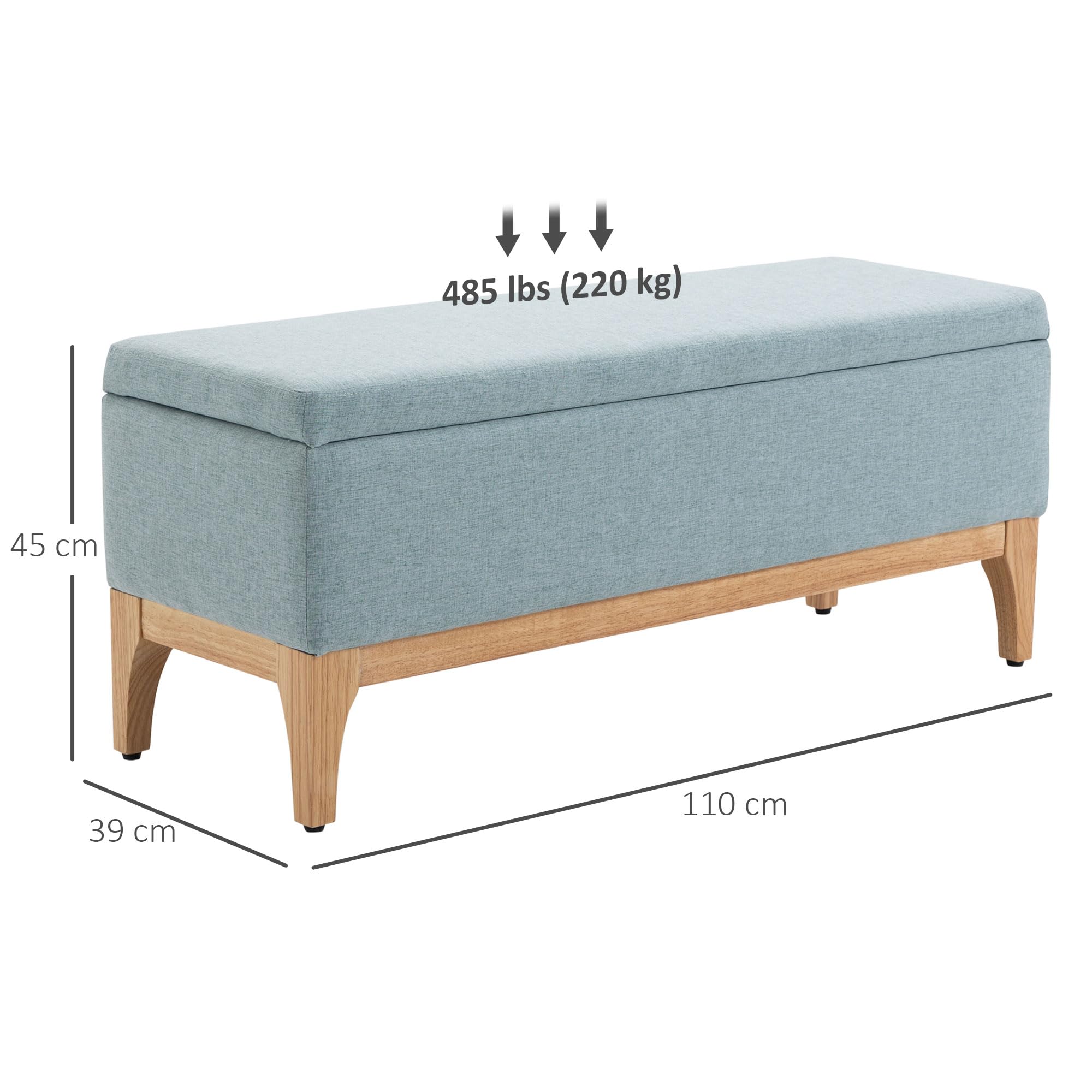 HOMCOM Baúl de Almacenaje para Dormitorio 72L Puff Almacenaje Tapizado en Lino Banco de Almacenaje con Patas de Madera y Almohadillas Ajustables para Entrada Salón 110x39x45 cm Gris Azulado