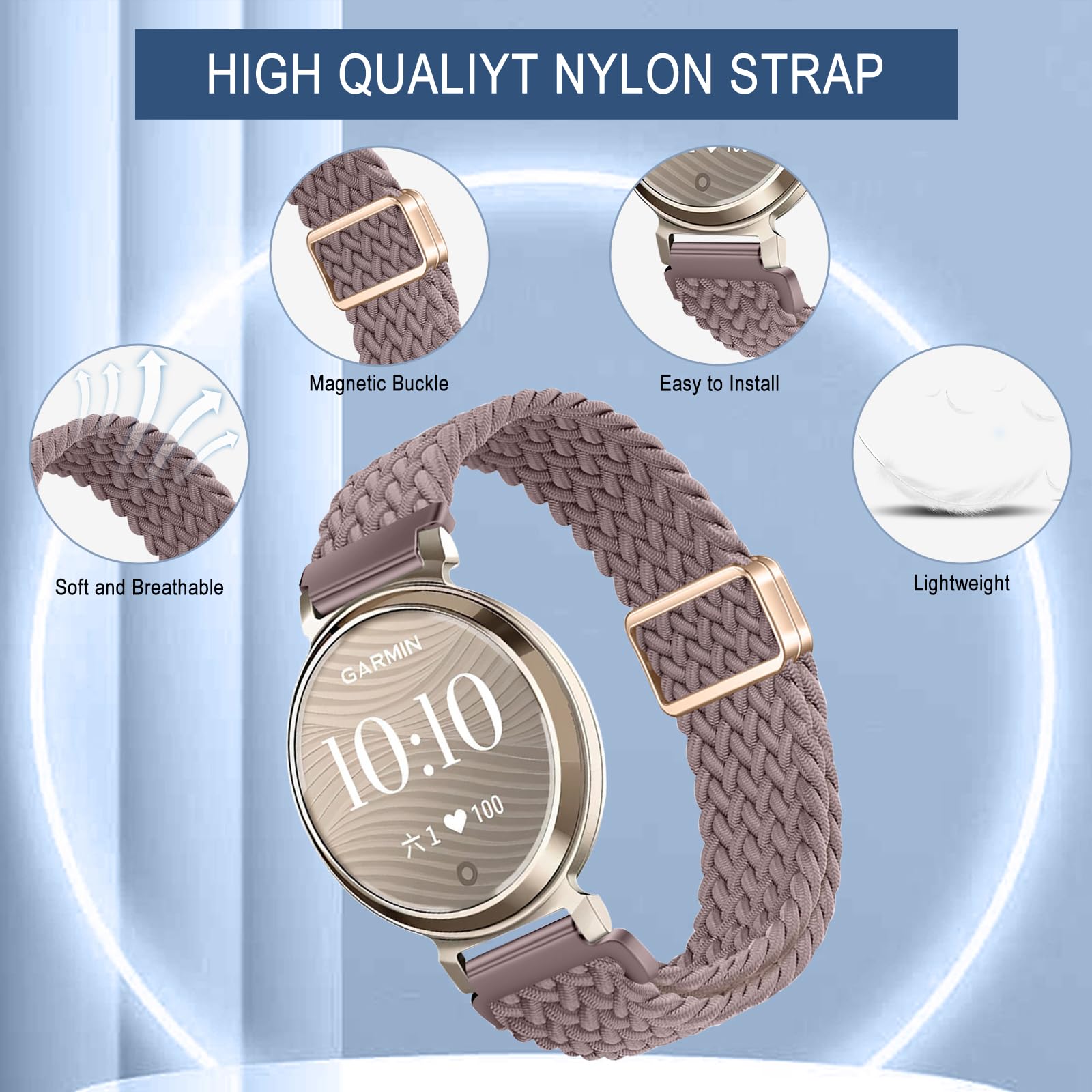 nylonowy pasek kompatybilny z Garmin Lily 2 Active/ 2 Classic, sportowy pasek z magnetyczną klamrą, nylonowy pasek zastępczy do Garmin Lily 2/2 Sport (fioletowy)
