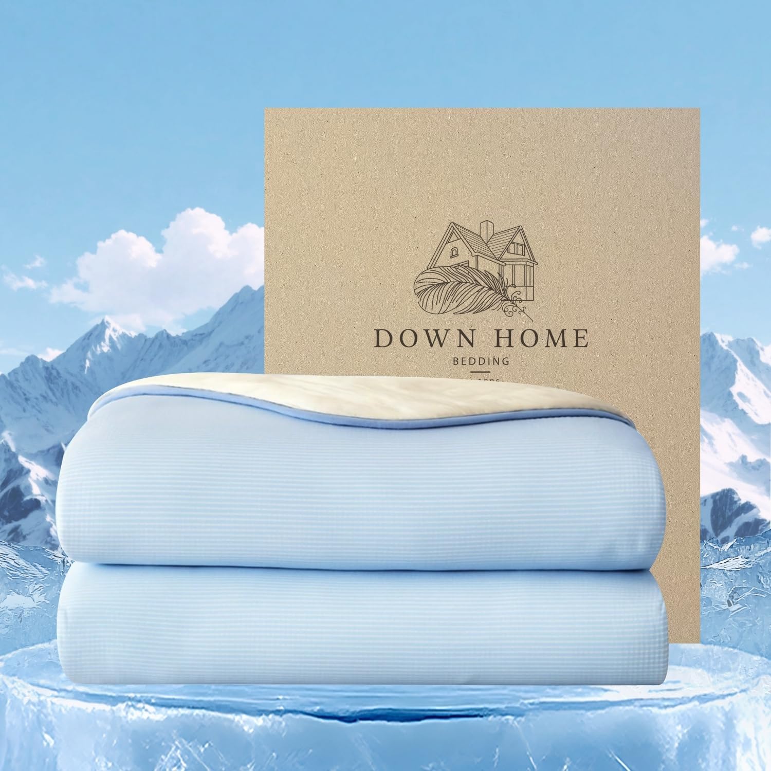 DOWN HOME Cooling Comforter King Size, Cooling Blanket for Hot Sleepers All Season, Q-max>0.4 Double-Side Cold Fabric, Bamboo Breathable Lightweight Summer Duvet Soft Quilt, Blue Strips, 90"x108"