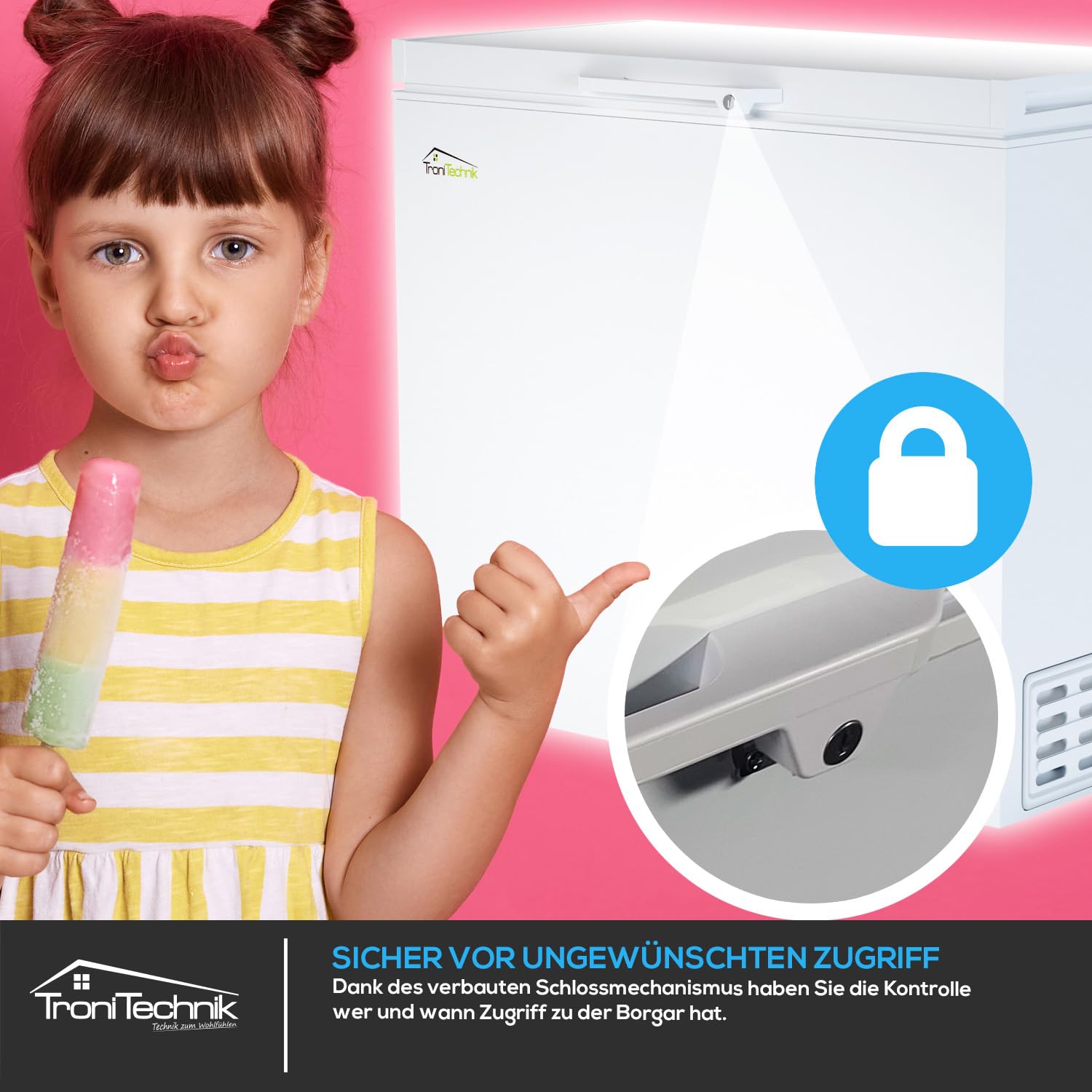 Tronitechnik BORGAR PRO Gefriertruhe Kühltruhe 210 Liter 223kWh/Jahr 85cm hoch LED-Licht Rollen Kindersicherung Weiß