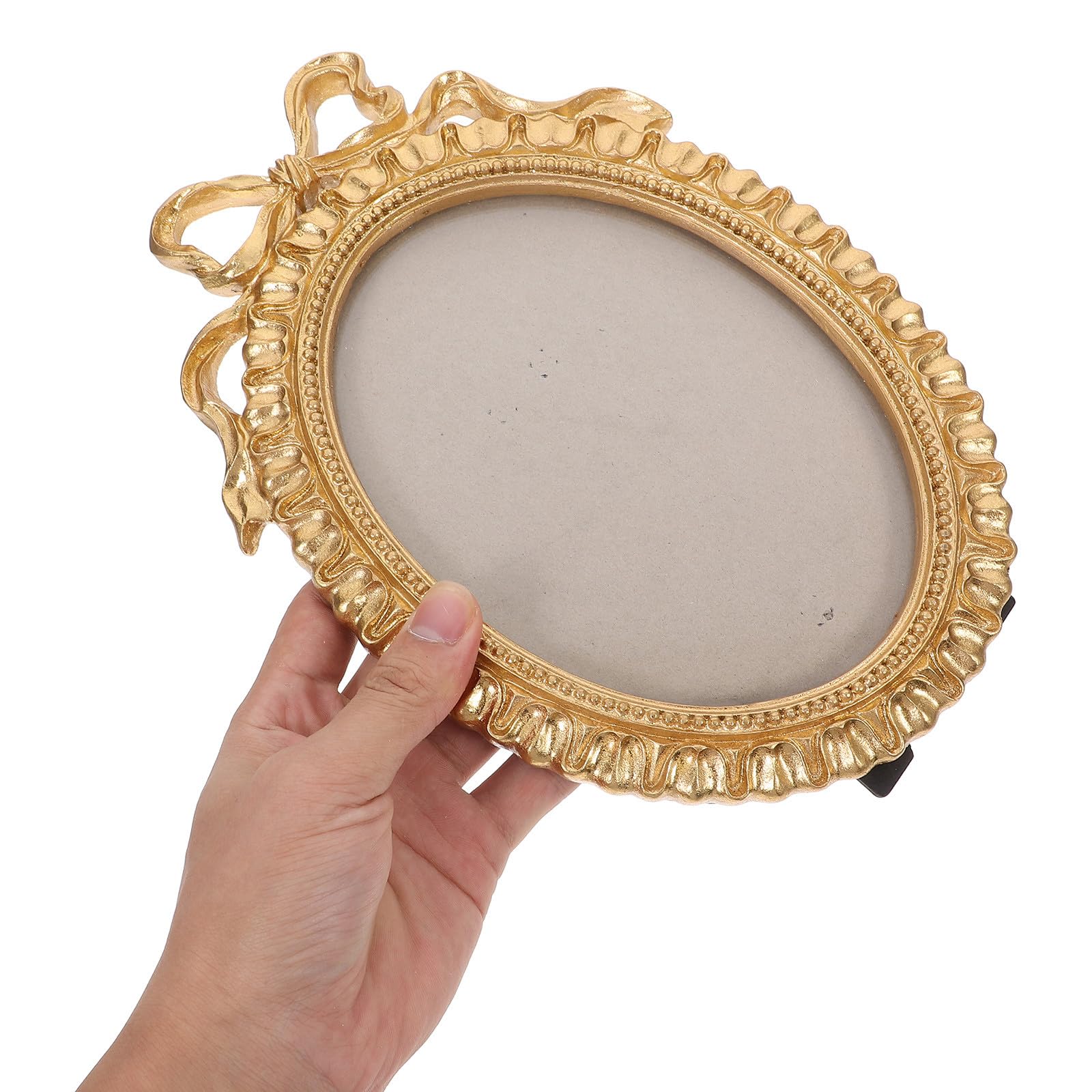Marco de Fotos Ovalado de Resina Dorado con Lazo Vintage, Fácil de Limpiar, para Exhibición en Mesa o Colgar en Oficina y Bodas