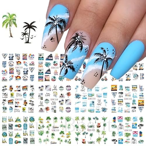 Summer Nail Art Stickers Water Transfer Summer Nail Decals For Nails Art Supplies Coconut Tree Ocean Beach Tropical Style Design Acrylic Nail Stickers For Women Diy Nail Art Accessories 12 Sheets #TOP5