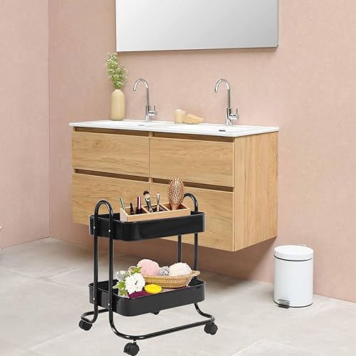 Miniatura 4 de Melody House Organizador de almacenamiento de 2 niveles de malla metálica con ruedas bloqueables para oficina, cocina, sala de estar, lavandería,