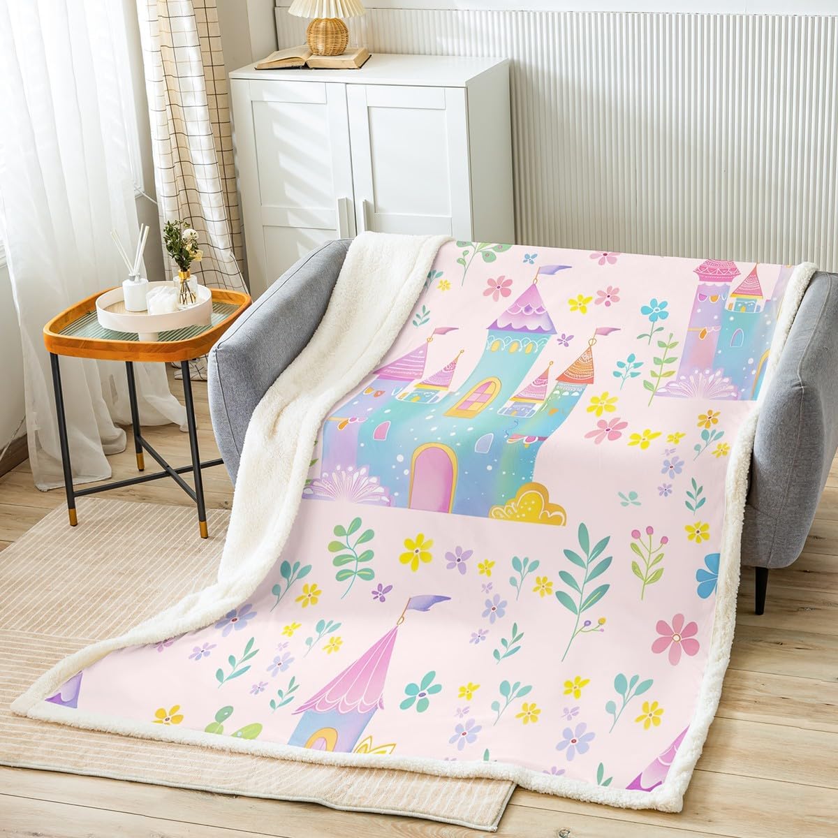 Dreamy Castle Fleece Blanket,Watercolor Garden Flowers Plush Blanket for Kids Teens,Lovely Room Decor,Girly Princess Theme Flannel Blanket,Twin 60"x80"