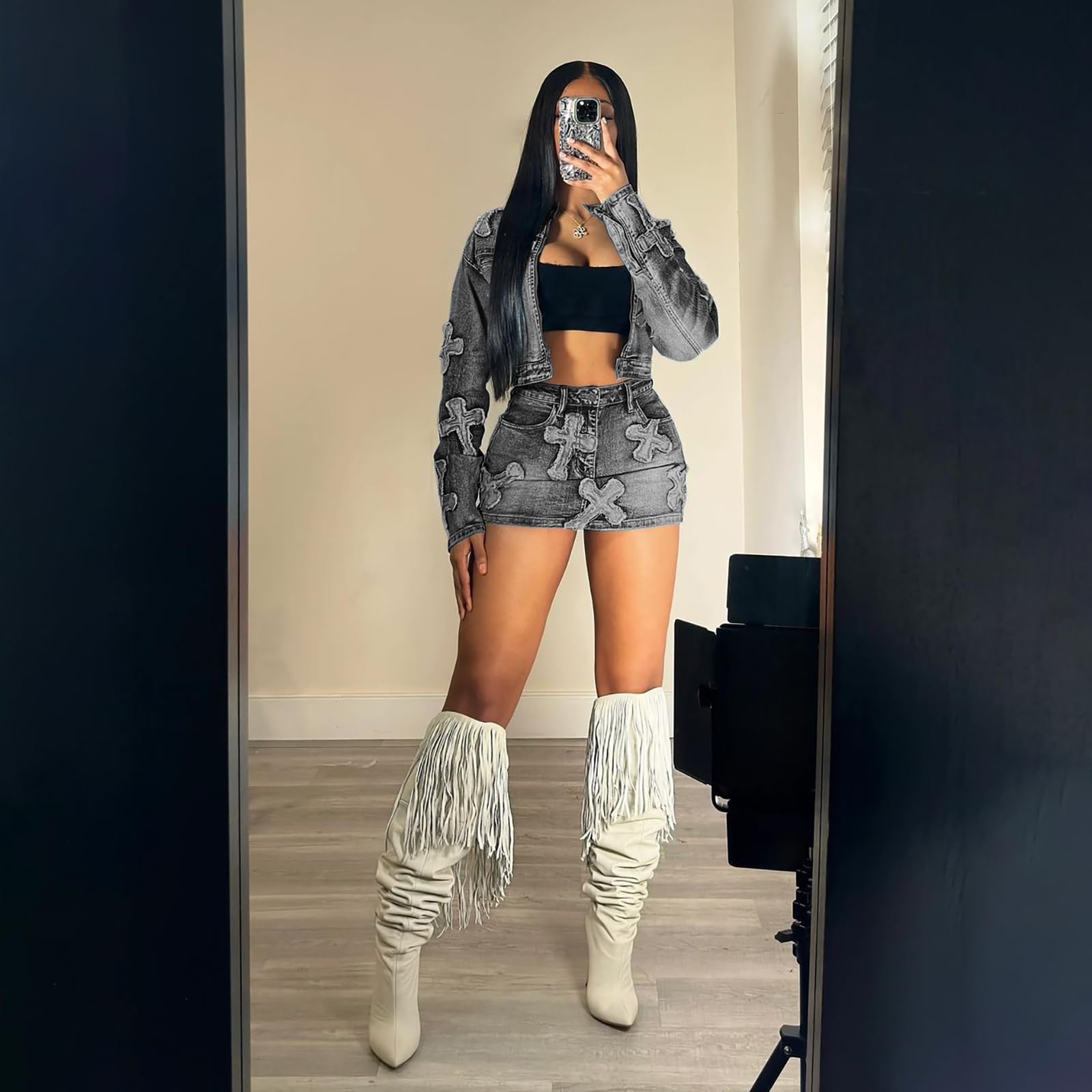 Elainone Conjunto de falda vaquera de 2 piezas para mujer, chaqueta con cremallera y minifalda con bolsillos