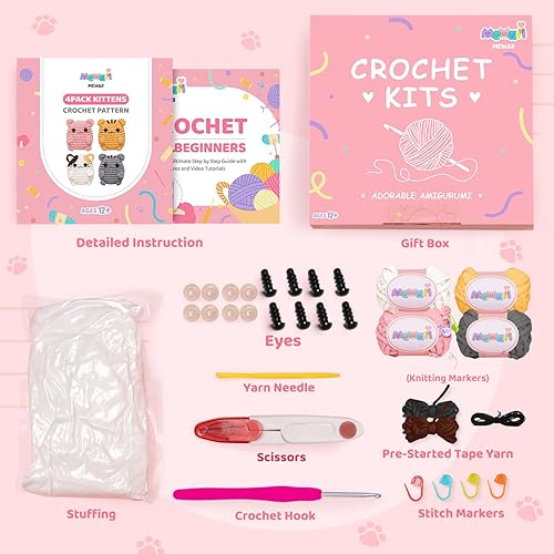 Miniatura 8 de Mewaii Kit de ganchillo para principiantes nivel 3 con 40% hilo fácil de poner en marcha extra, tutoriales en video paso a paso para adultos y niños