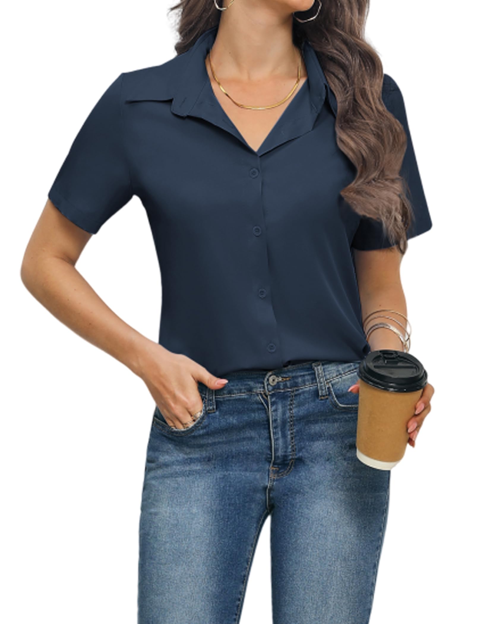 Zeagoo Bluse Damen Kurzarm Hemdbluse Business Hemd V-Ausschnitt Blusen Elegant Oberteile Mit Knöpfen Satin Hemden Lässige Shirt S-XXL