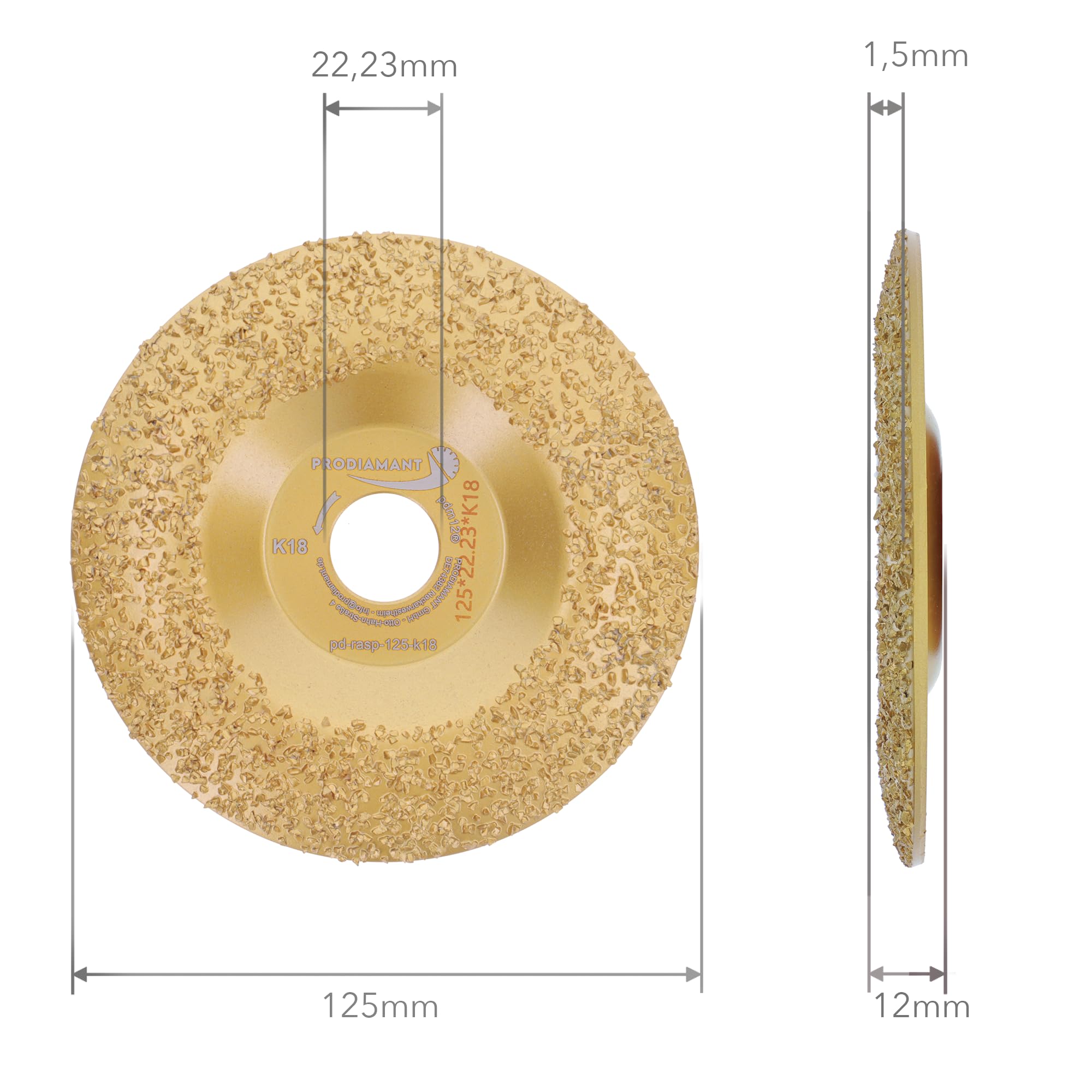 PRODIAMANT Disque à râper Ø 125 mm x 22,23 mm - K18, disque abrasif en carbure de tungstène pour meuleuse d’angle, grain moyen, idéal pour le meulage, pour meuleuses d'angle