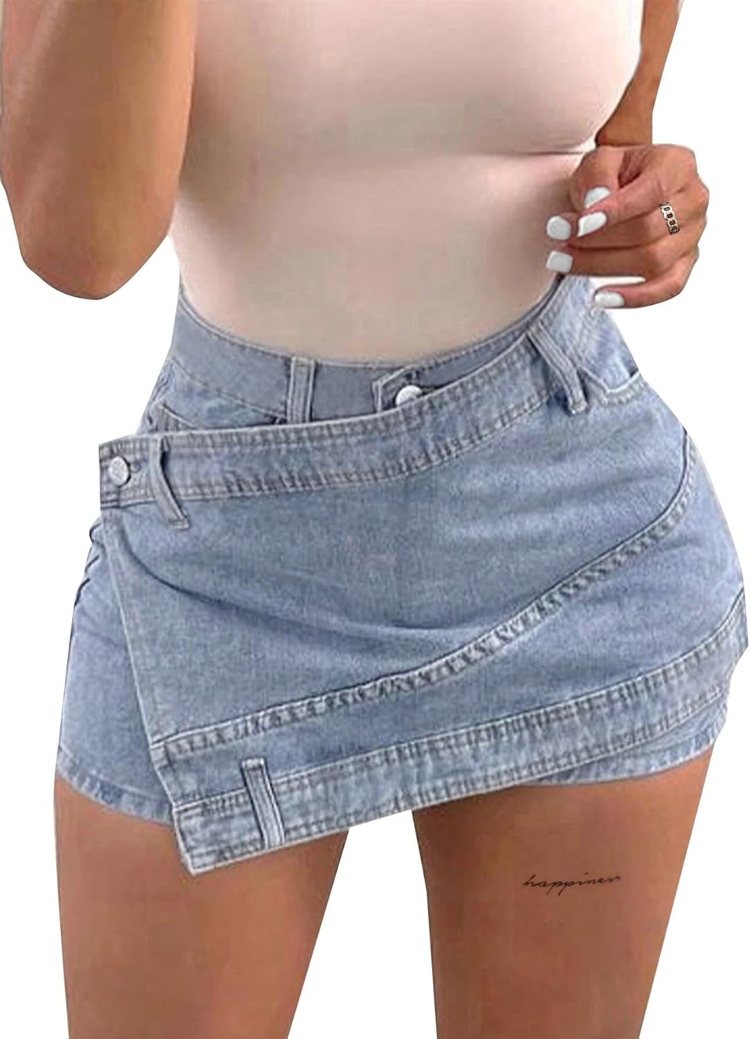 Avanova Women Denim Mini Skirt Jean Skort Sexy High Waisted Asymmetrical Stretch Short Skirts