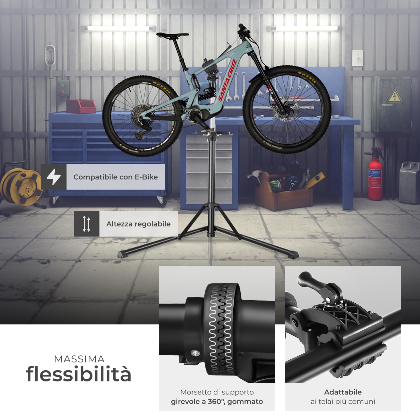 tectake® Cavalletto Manutenzione Bici, Cavalletto per Bici Pieghevole, Supporto Bicicletta, Girevole 360°, Altezza Regolabile, Stabilizzatore Ruota Anteriore, Carico Max 50 kg - Grigio/Nero