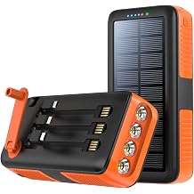 boogostore Solar Charger Power Bank 27000mAh, Portable Charger with 4 Output & 3 Input 4 LEDs Flashlight, Hand Crank Power Bank Fast Charging Battery Pack for Outdoor Camping Survival Gear Orange