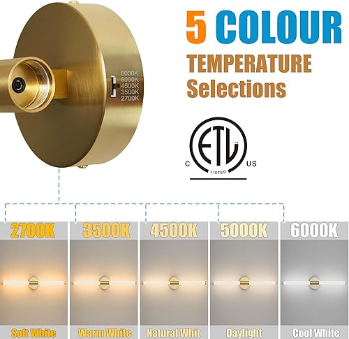 Miniatura 3 de Juego de dos apliques de pared dorados con cable, regulables 5CCT LED para baño, iluminación completa de 360, barra de luz de tocador de 23