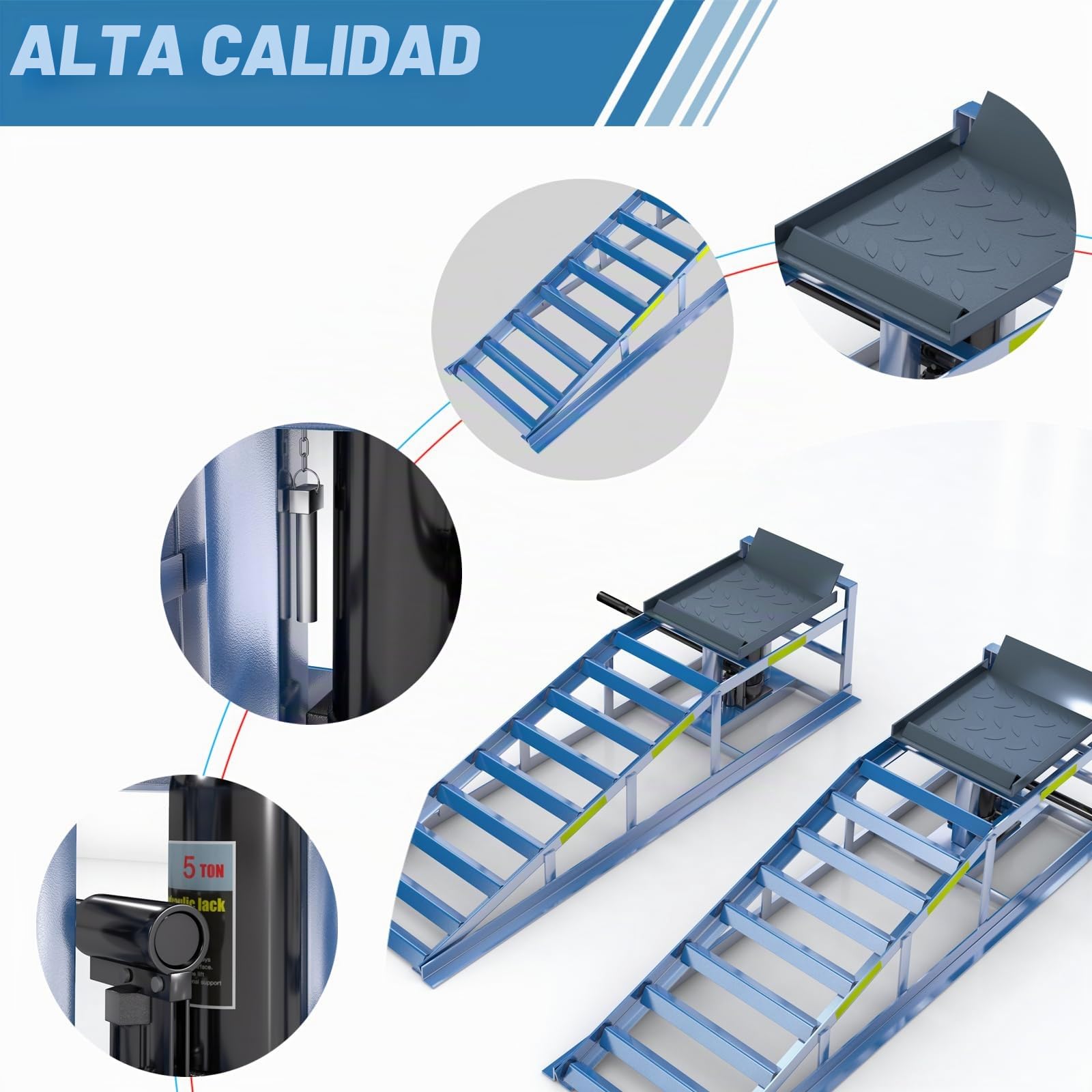 LARBANKE Rampa de acceso con gato hidráulico,5T vehículo de acero hidráulico rampa,Garaje Vehículo Elevador hidráulico con cinta adhesiva reflectante,Altura ajustable