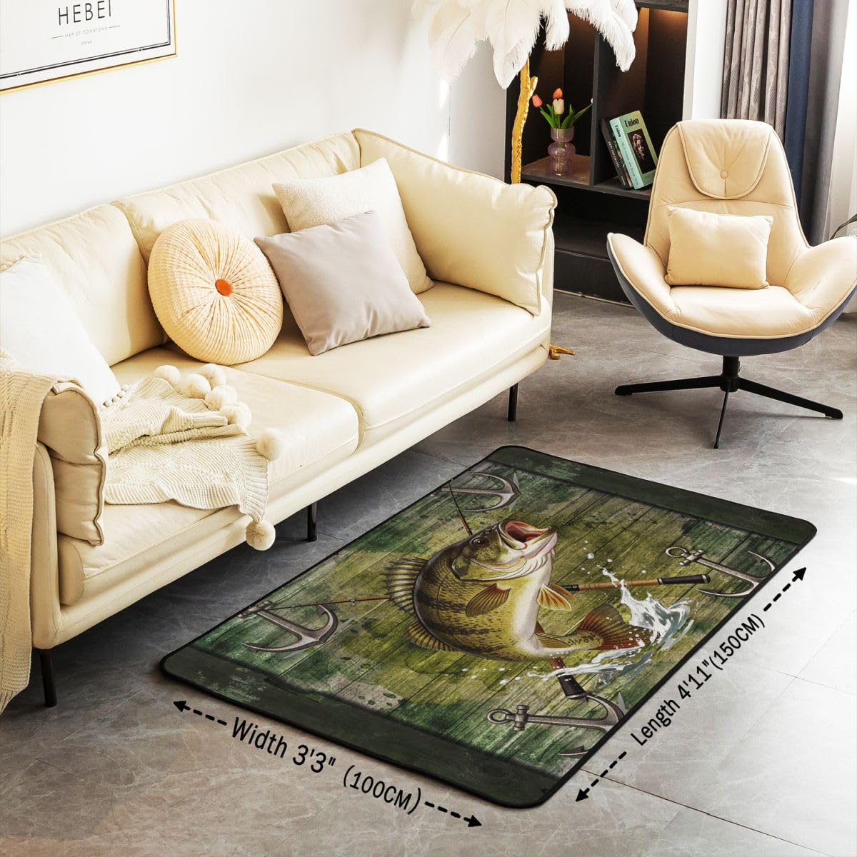 Homewish Dywaniki z motywem szczupaka 100 x 150 cm do sypialni salonu - motyw wędkarski nowoczesny dywan podłogowy kabina domek myśliwski duże dywany zielona drewniana deska nie gubi włosia dywan